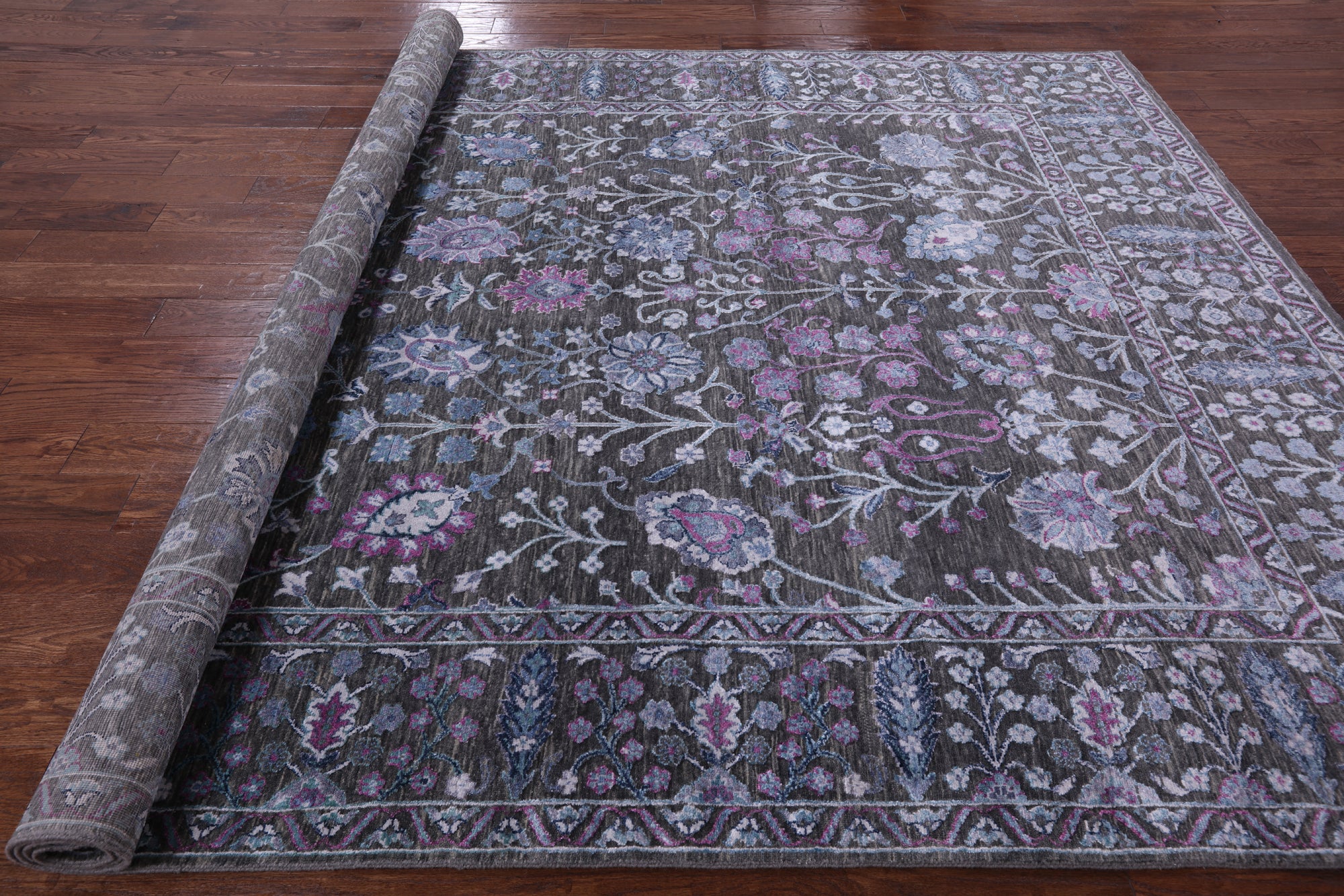 Grey Contemporary Hand Knotted Wool & Silk Rug - 8' 0" X 10' 10" - Golden Nile