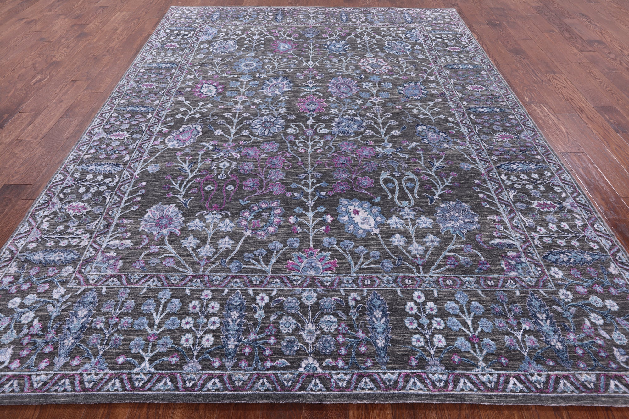 Grey Contemporary Hand Knotted Wool & Silk Rug - 8' 0" X 10' 10" - Golden Nile