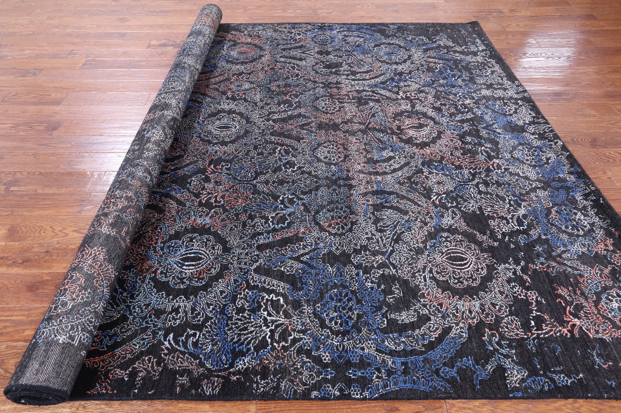 Black Persian Hand Knotted Wool & Silk Rug - 8' 1" X 10' 1" - Golden Nile