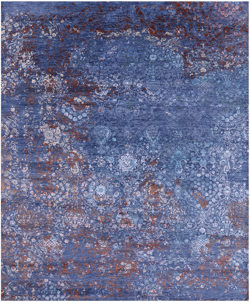 Blue Contemporary Hand Knotted Wool & Silk Rug - 8' 0" X 9' 9" - Golden Nile