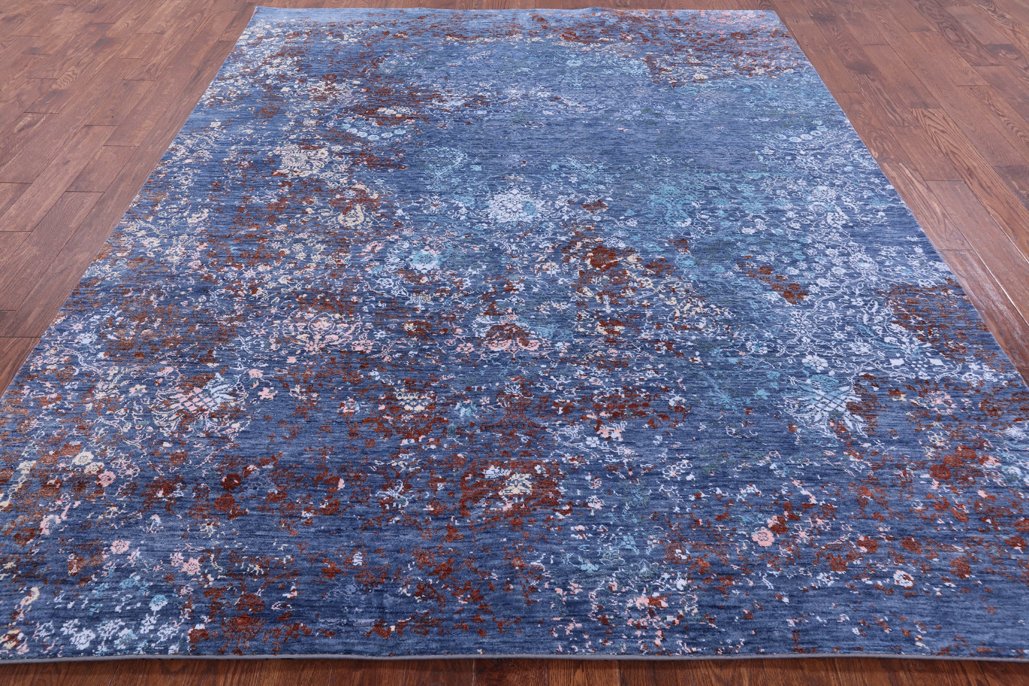 Blue Contemporary Hand Knotted Wool & Silk Rug - 8' 0" X 9' 9" - Golden Nile