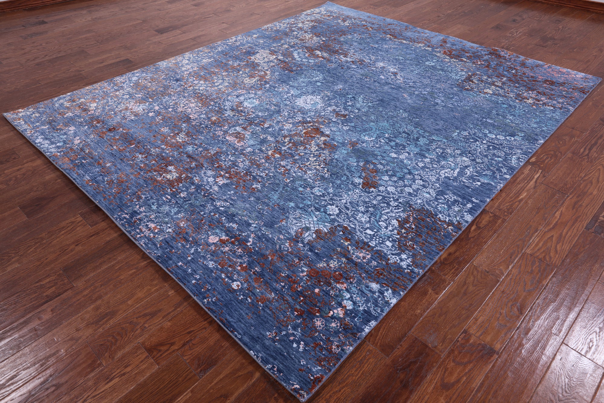 Blue Contemporary Hand Knotted Wool & Silk Rug - 8' 0" X 9' 9" - Golden Nile