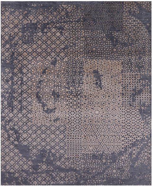 Grey Abstract Modern Hand Knotted Wool & Silk Rug - 8' 2" X 10' 0" - Golden Nile