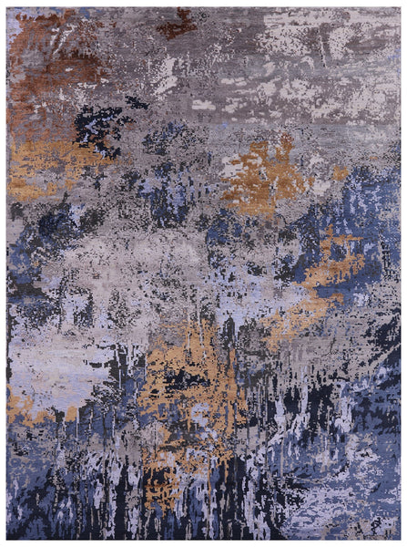Abstract Modern Hand Knotted Wool & Silk Rug - 8' 10" X 12' 1" - Golden Nile