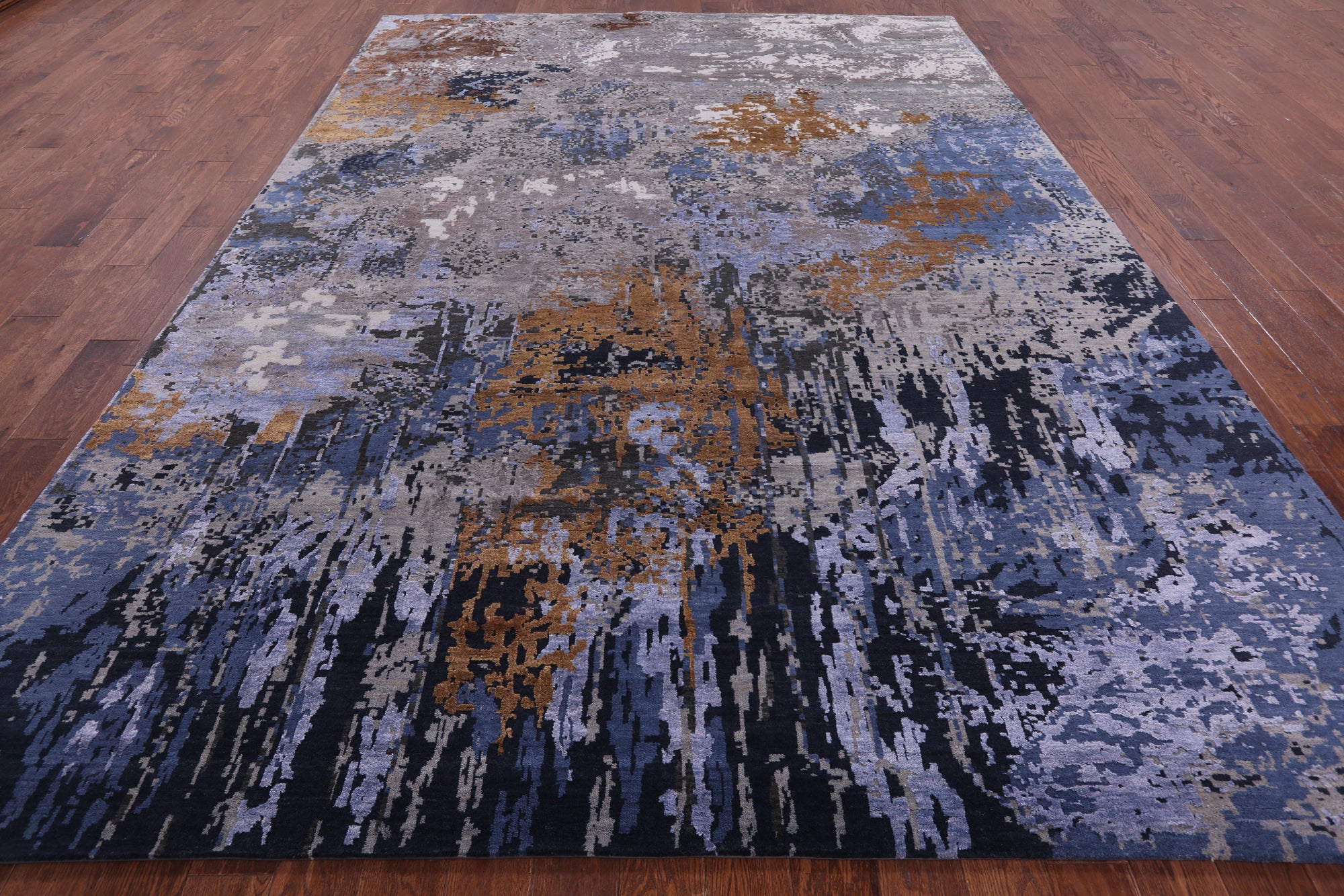 Abstract Modern Hand Knotted Wool & Silk Rug - 8' 10" X 12' 1" - Golden Nile