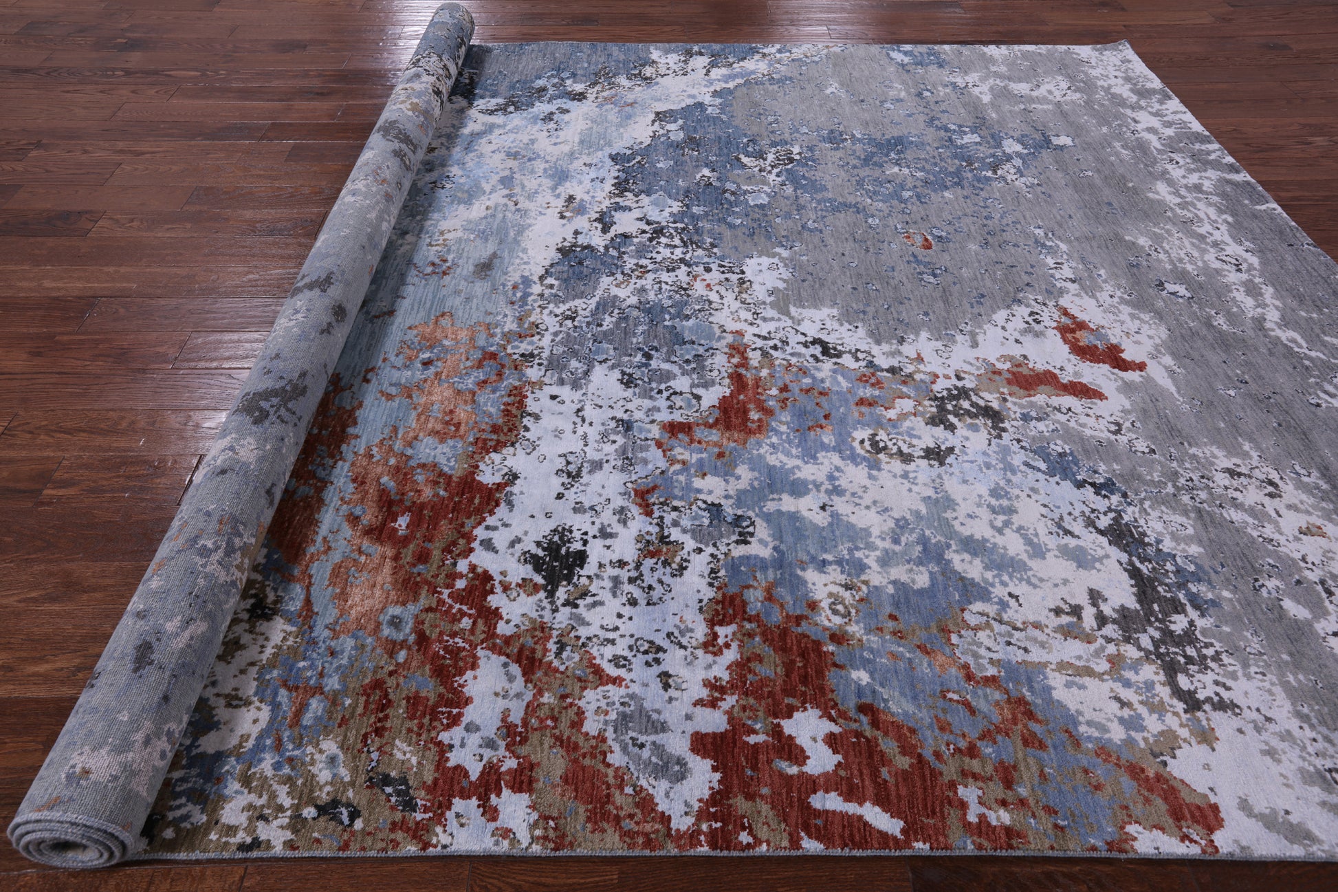 Contemporary Hand Knotted Wool & Silk Abstract Design Rug - 9' 0" X 12' 0" - Golden Nile