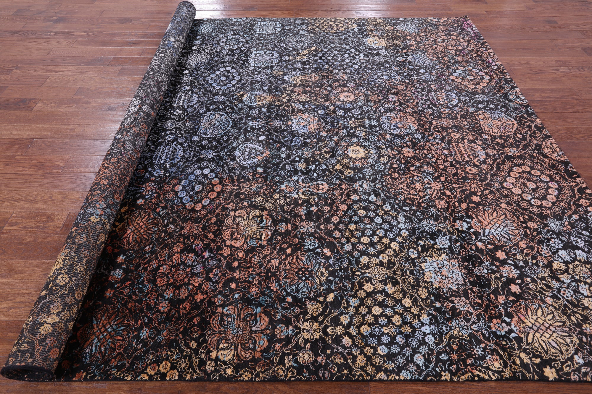 Black Modern Hand Knotted Wool & Silk Rug - 9' 0" X 12' 0" - Golden Nile