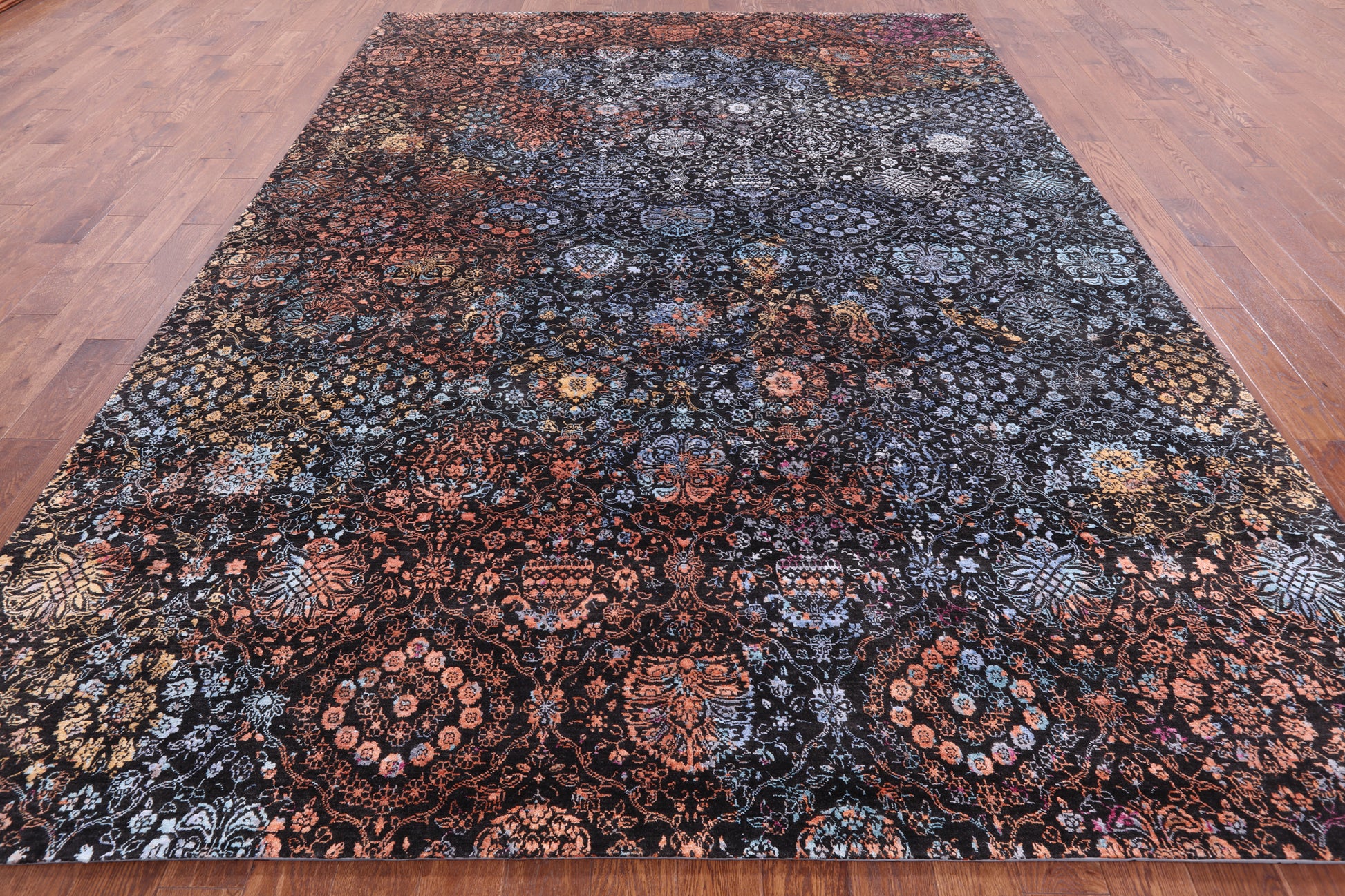 Black Modern Hand Knotted Wool & Silk Rug - 9' 0" X 12' 0" - Golden Nile