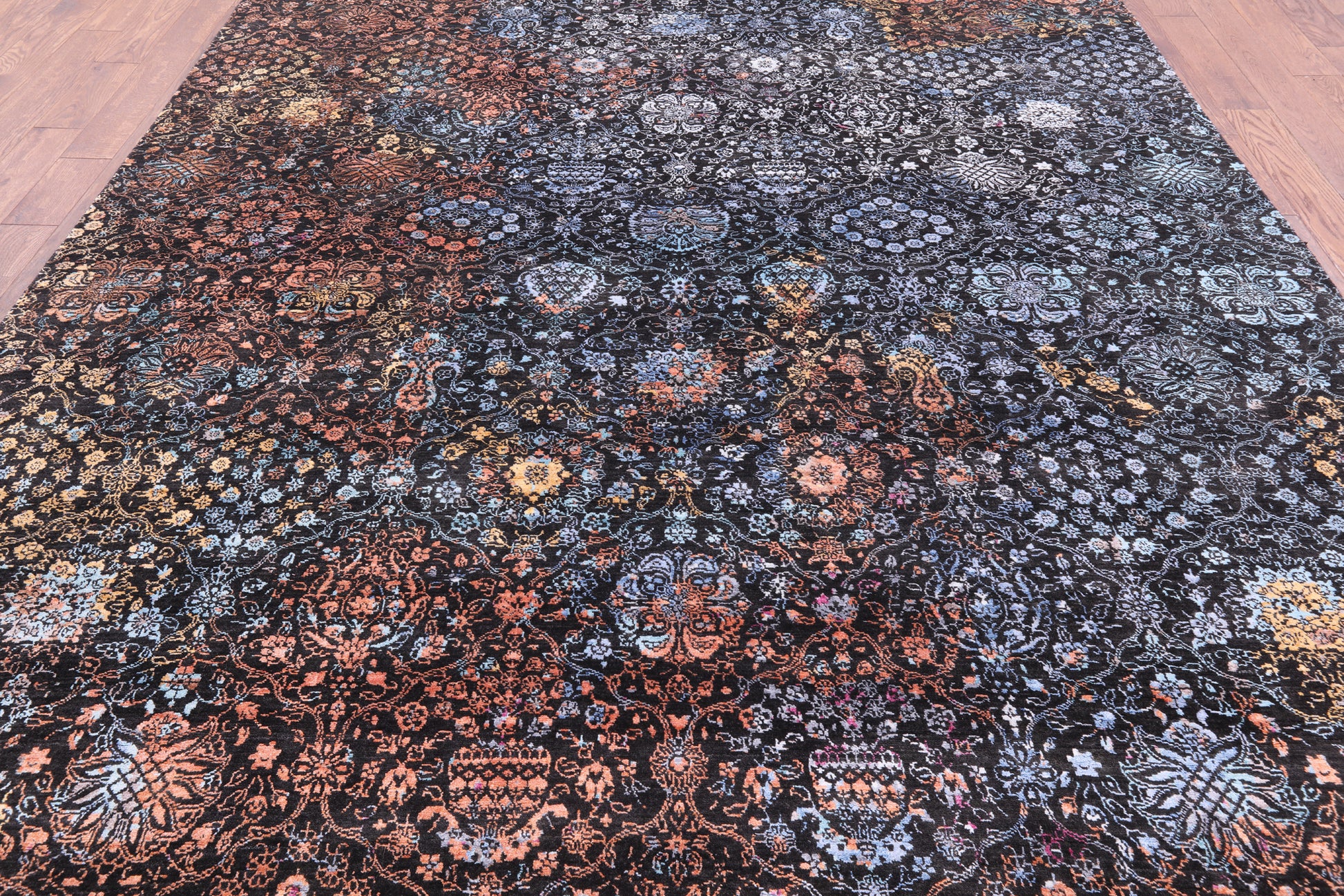 Black Modern Hand Knotted Wool & Silk Rug - 9' 0" X 12' 0" - Golden Nile