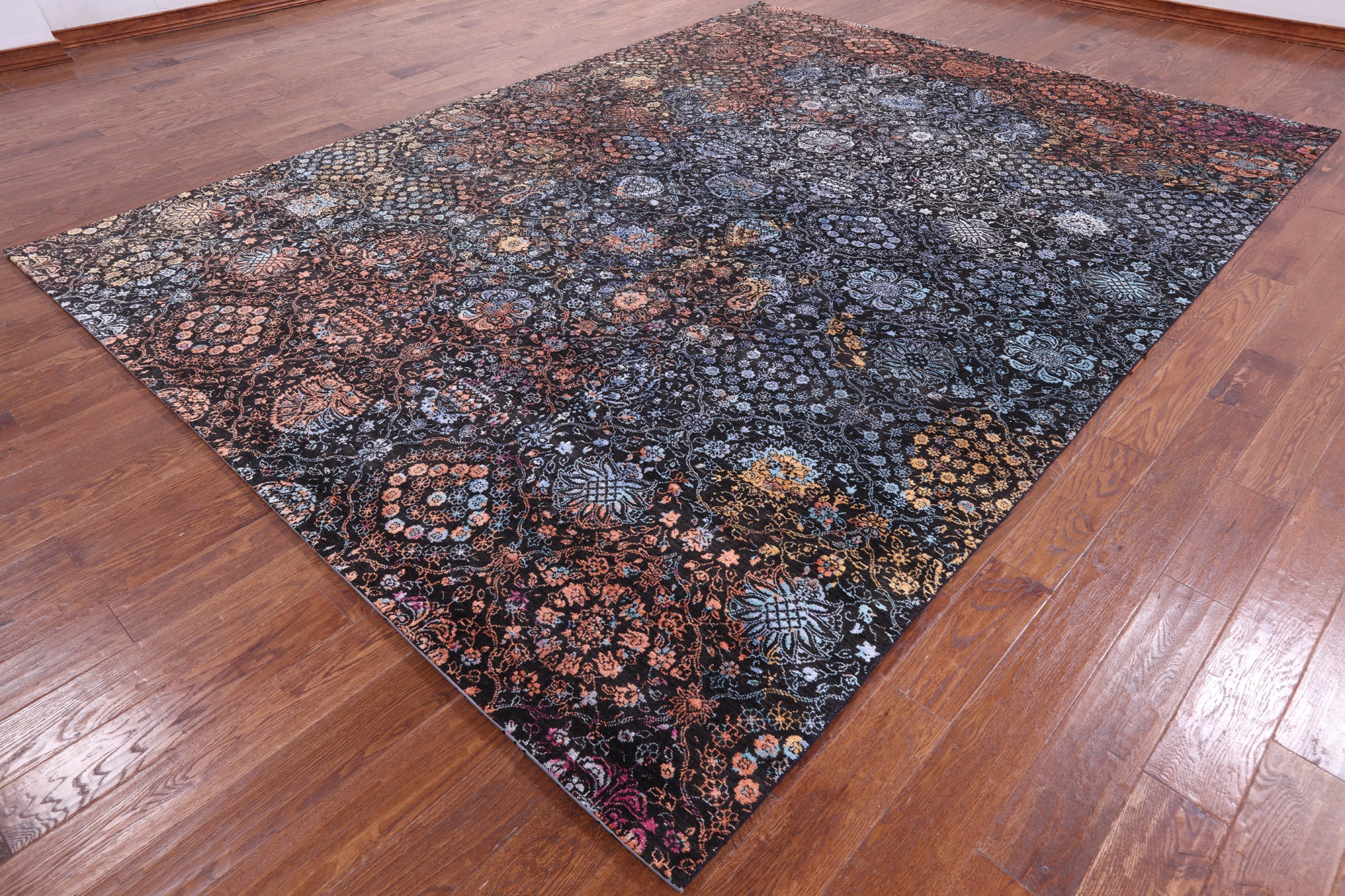 Black Modern Hand Knotted Wool & Silk Rug - 9' 0" X 12' 0" - Golden Nile