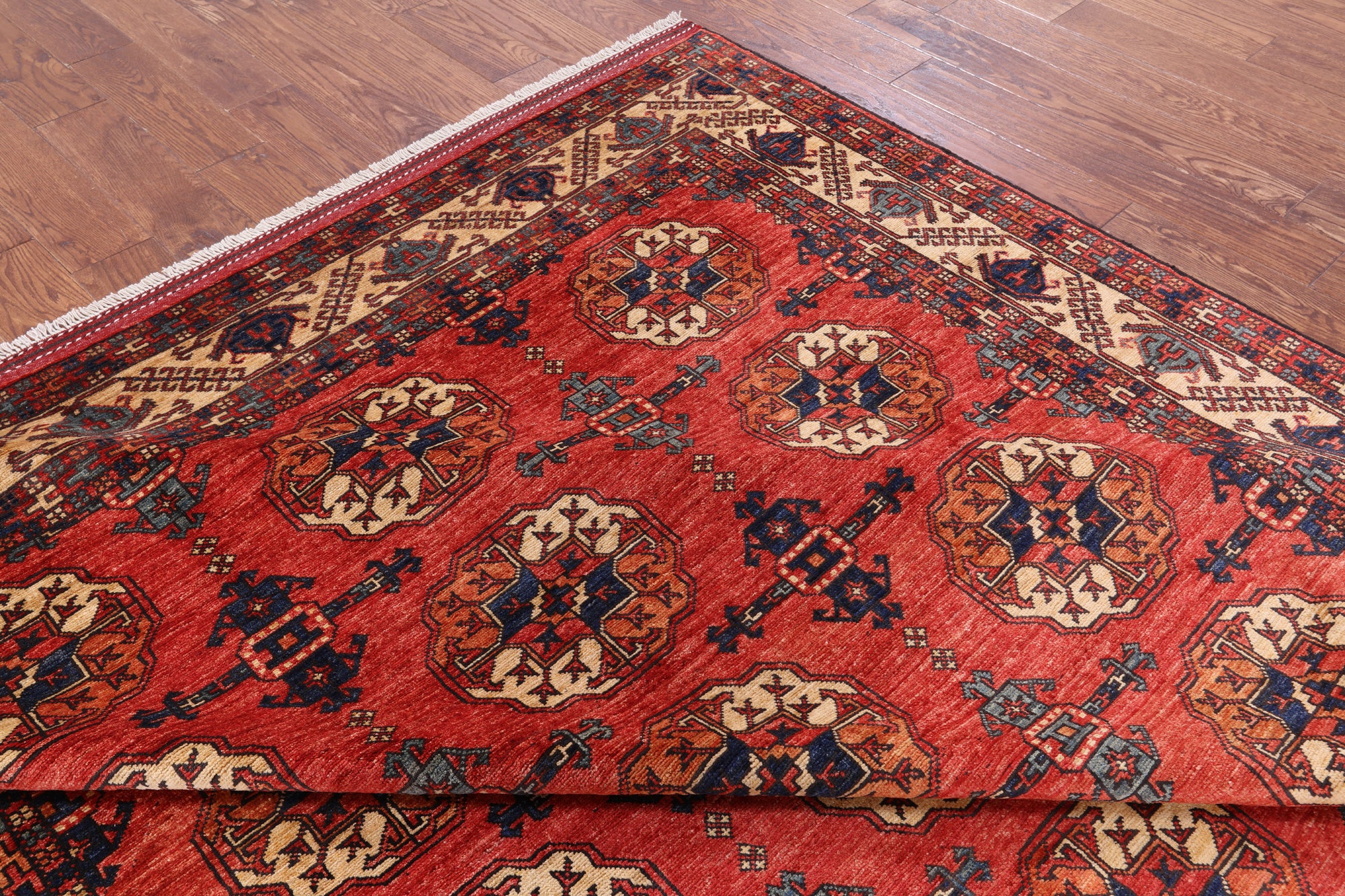 Red Turkmen Ersari Hand Knotted Wool Rug - 8' 5" X 9' 7" - Golden Nile