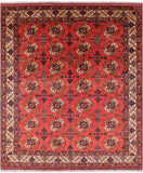Red Turkmen Ersari Hand Knotted Wool Rug - 8' 5" X 9' 7" - Golden Nile