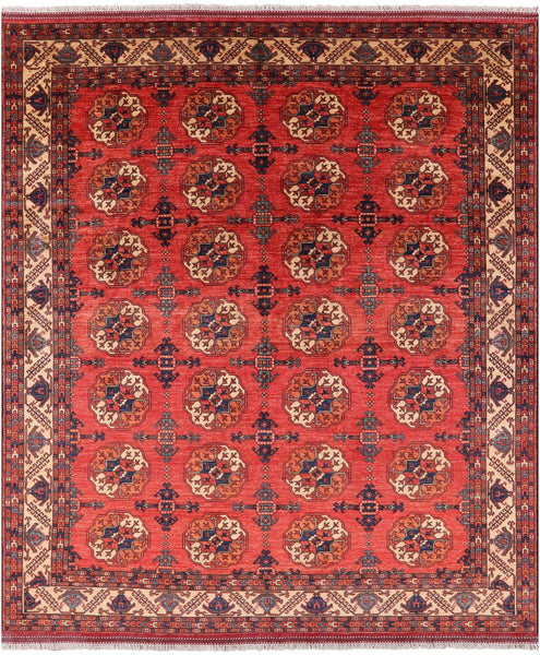 Red Turkmen Ersari Hand Knotted Wool Rug - 8' 5" X 9' 7" - Golden Nile