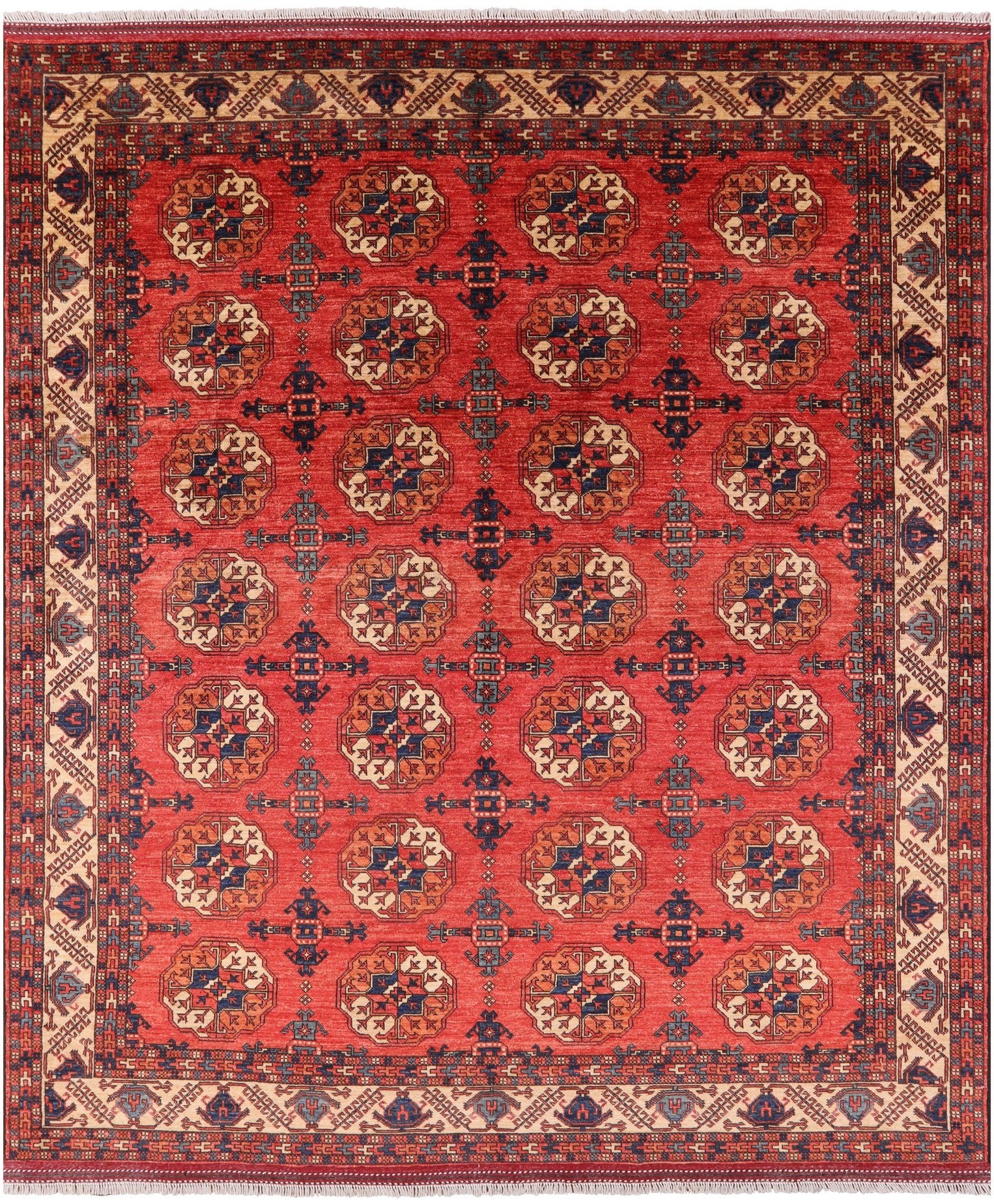 Red Turkmen Ersari Hand Knotted Wool Rug - 8' 5" X 9' 7" - Golden Nile