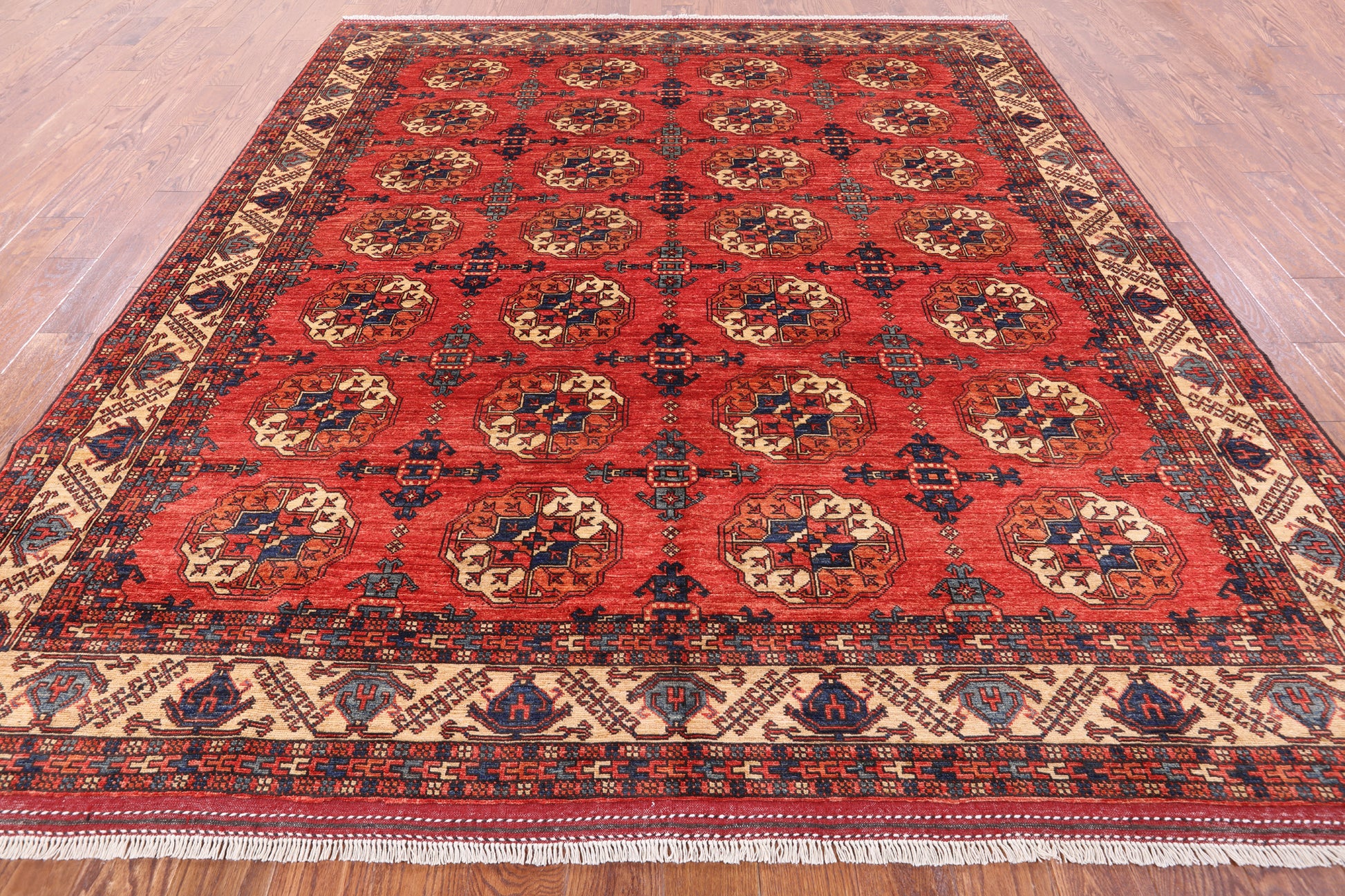 Red Turkmen Ersari Hand Knotted Wool Rug - 8' 5" X 9' 7" - Golden Nile