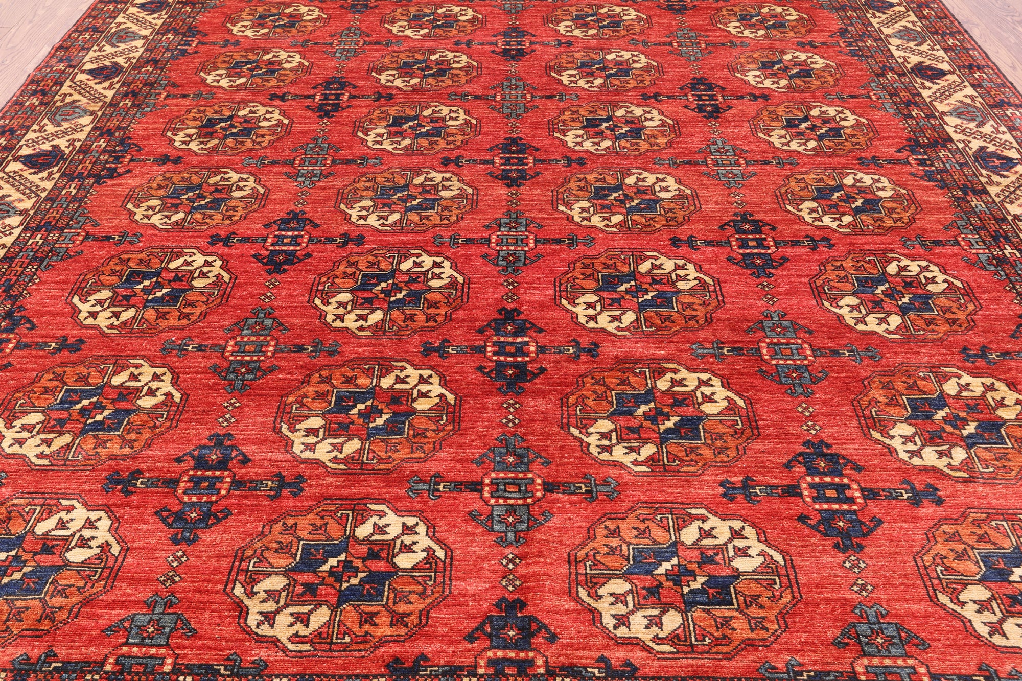 Red Turkmen Ersari Hand Knotted Wool Rug - 8' 5" X 9' 7" - Golden Nile