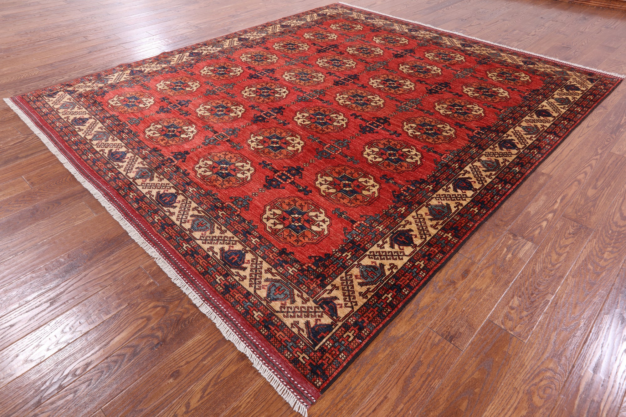 Red Turkmen Ersari Hand Knotted Wool Rug - 8' 5" X 9' 7" - Golden Nile