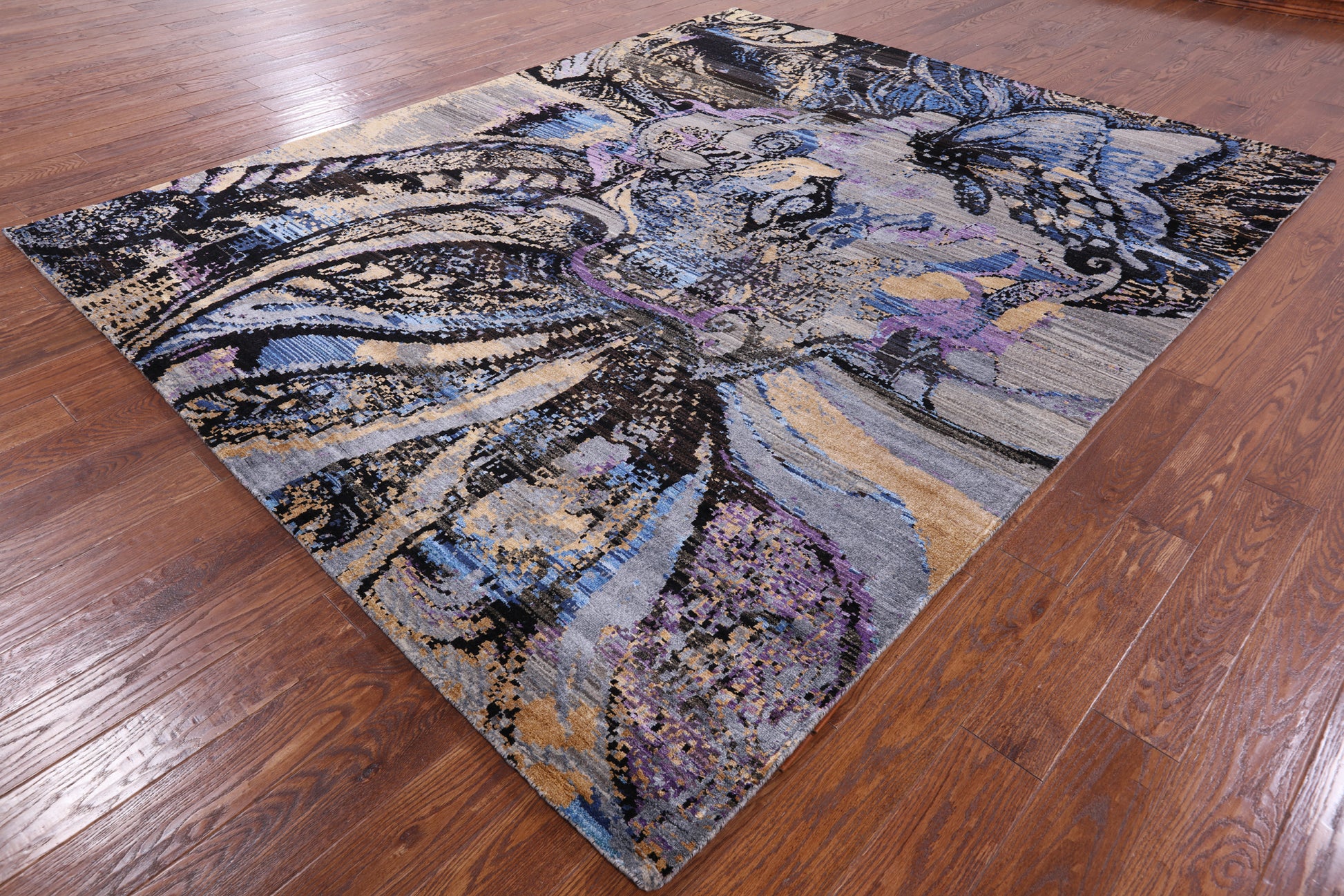 Modern Hand Knotted Wool & Silk Butterfly Design Rug - 8' 2" X 10' 0" - Golden Nile