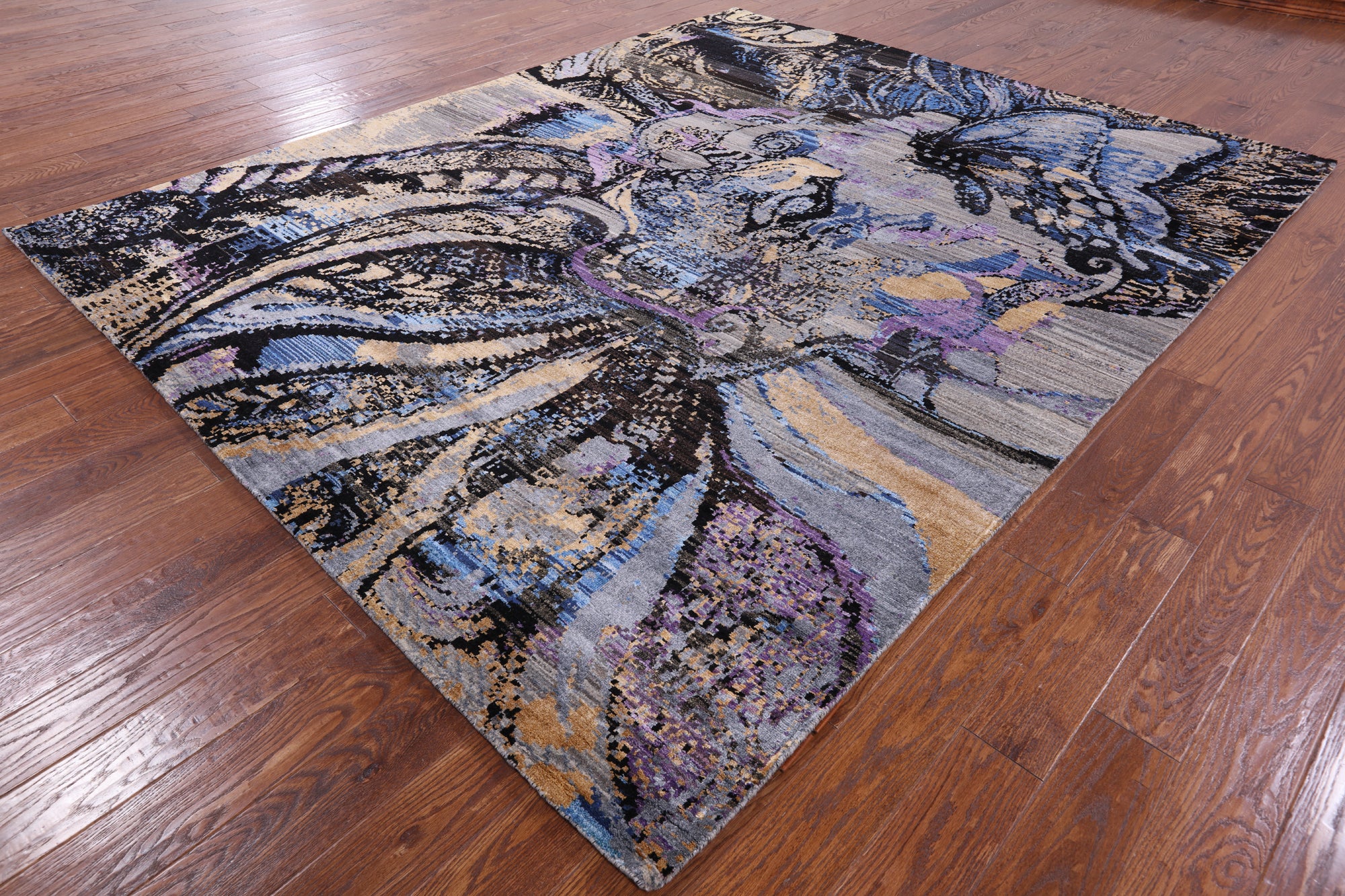 Modern Hand Knotted Wool & Silk Butterfly Design Rug - 8' 2" X 10' 0" - Golden Nile