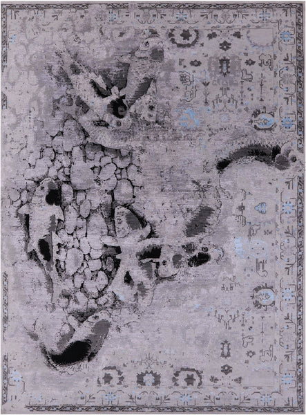Modern Hand Knotted Wool & Silk Fish Design Rug - 9' 1" X 12' 2" - Golden Nile