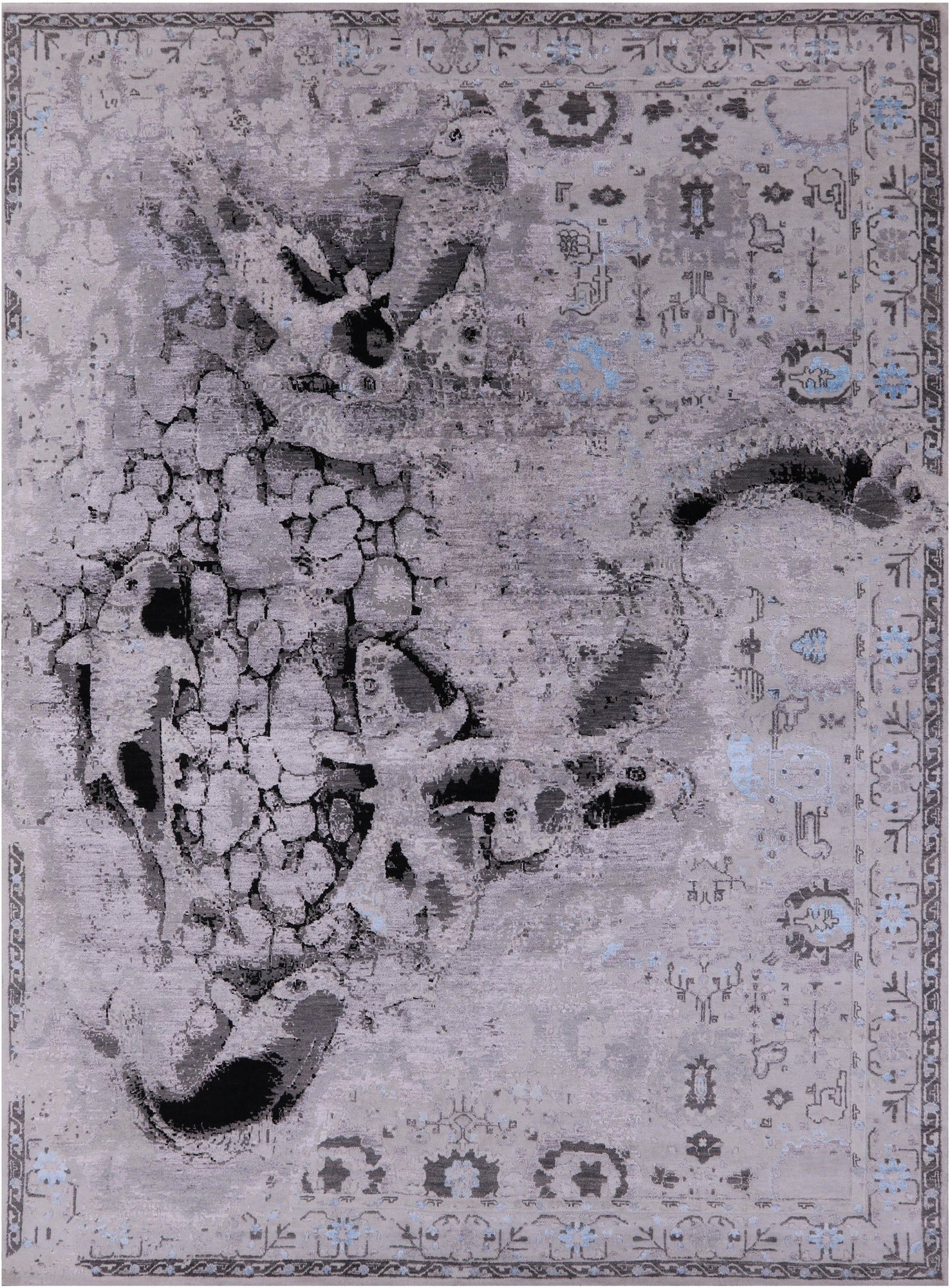 Modern Hand Knotted Wool & Silk Fish Design Rug - 9' 1" X 12' 2" - Golden Nile