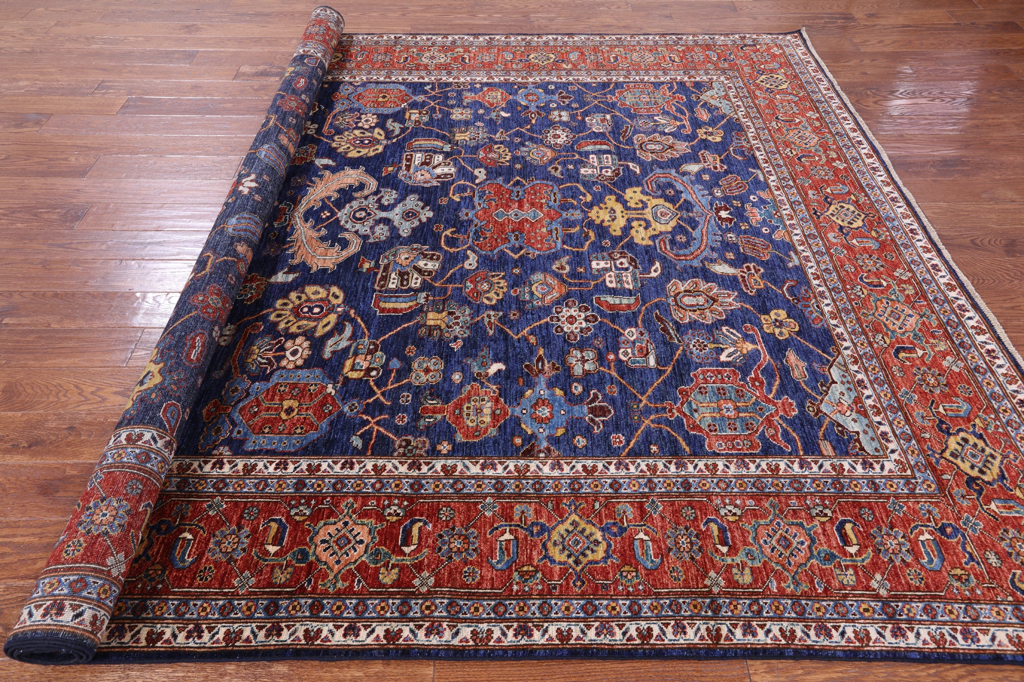 Blue Persian Fine Serapi Handmade Wool Rug - 8' 1" X 9' 10" - Golden Nile