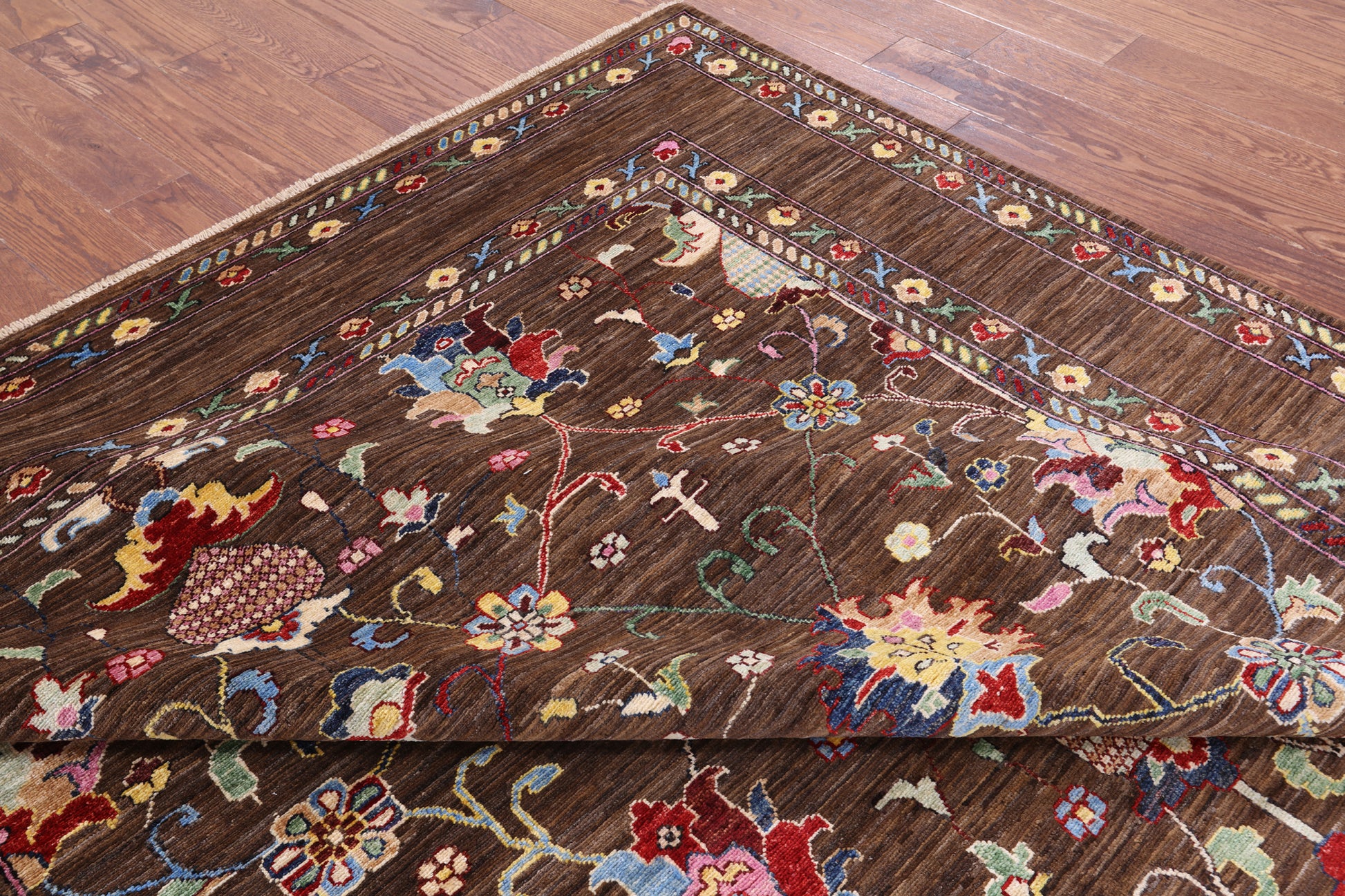 Brown Peshawar Handmade Wool Rug - 8' 1" X 9' 9" - Golden Nile
