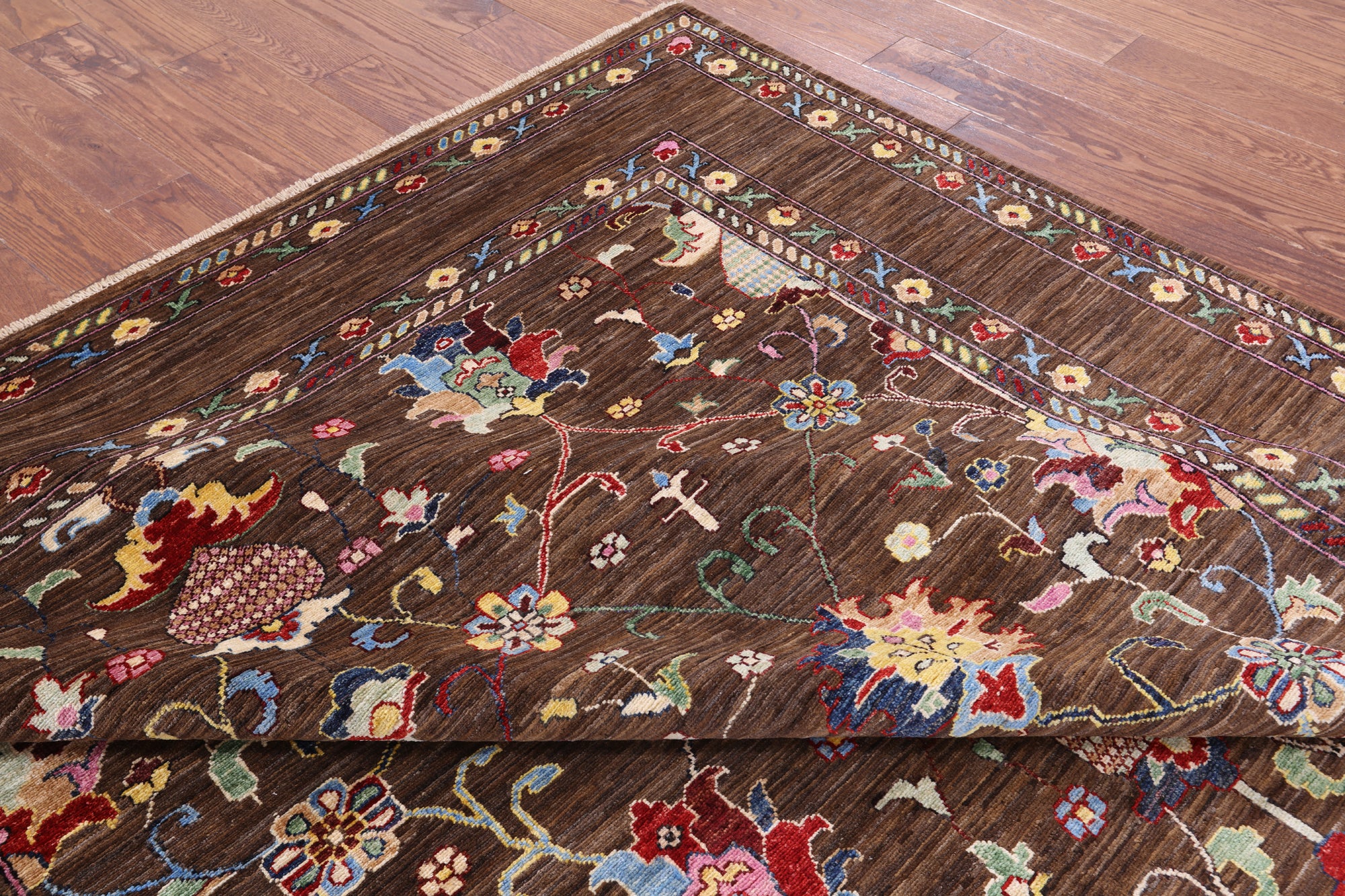 Brown Peshawar Handmade Wool Rug - 8' 1" X 9' 9" - Golden Nile