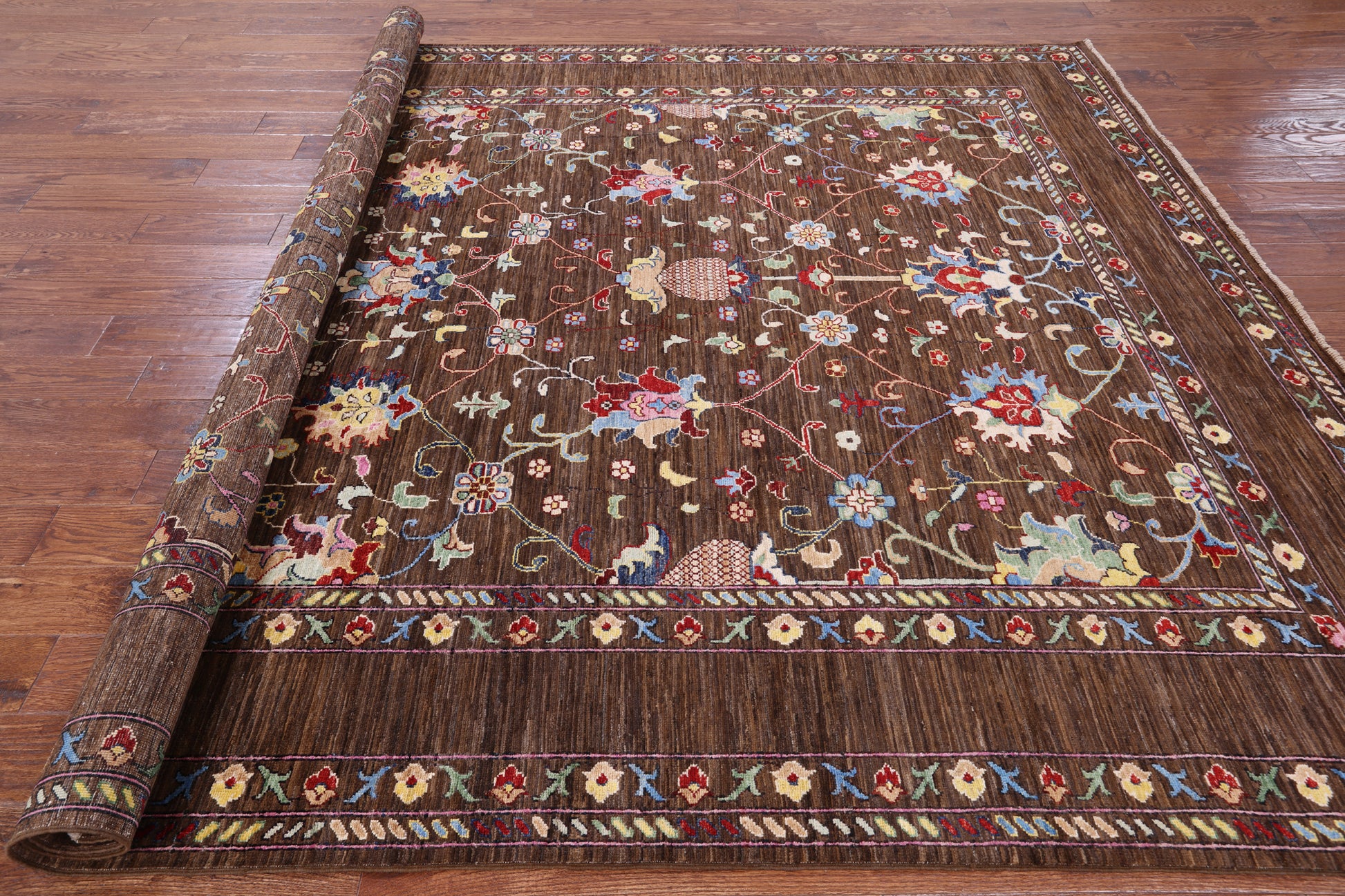 Brown Peshawar Handmade Wool Rug - 8' 1" X 9' 9" - Golden Nile