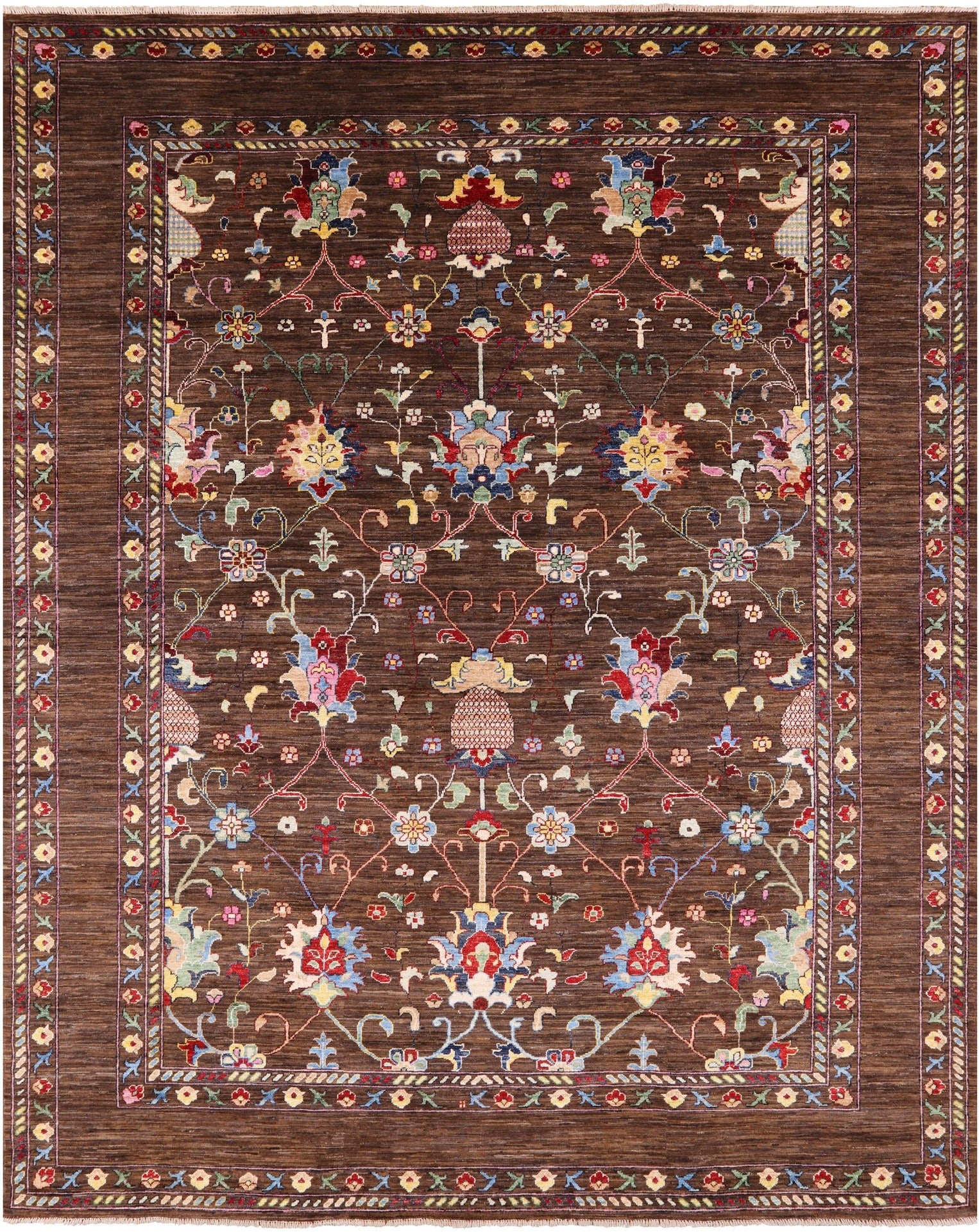 Brown Peshawar Handmade Wool Rug - 8' 1" X 9' 9" - Golden Nile