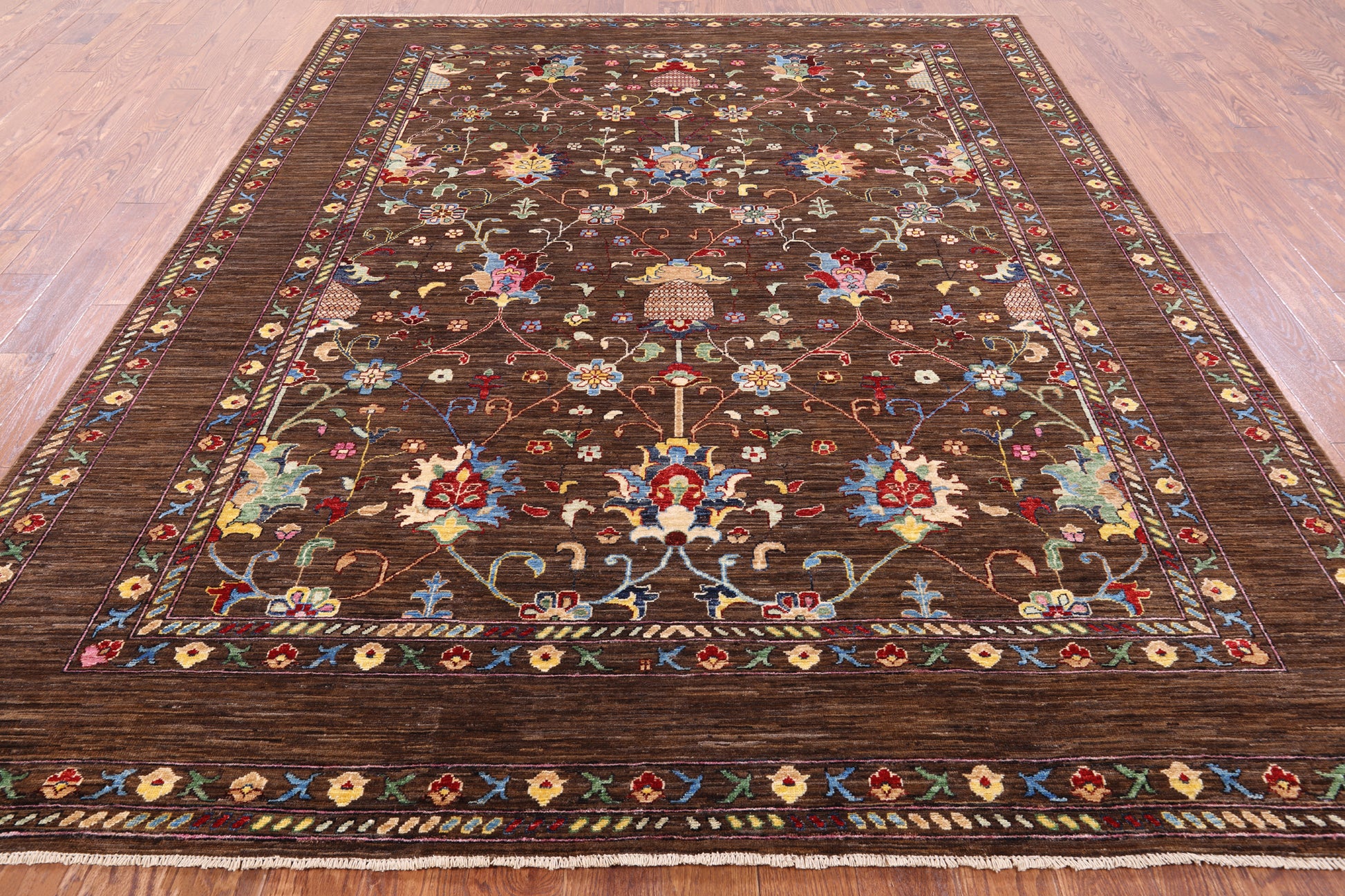Brown Peshawar Handmade Wool Rug - 8' 1" X 9' 9" - Golden Nile