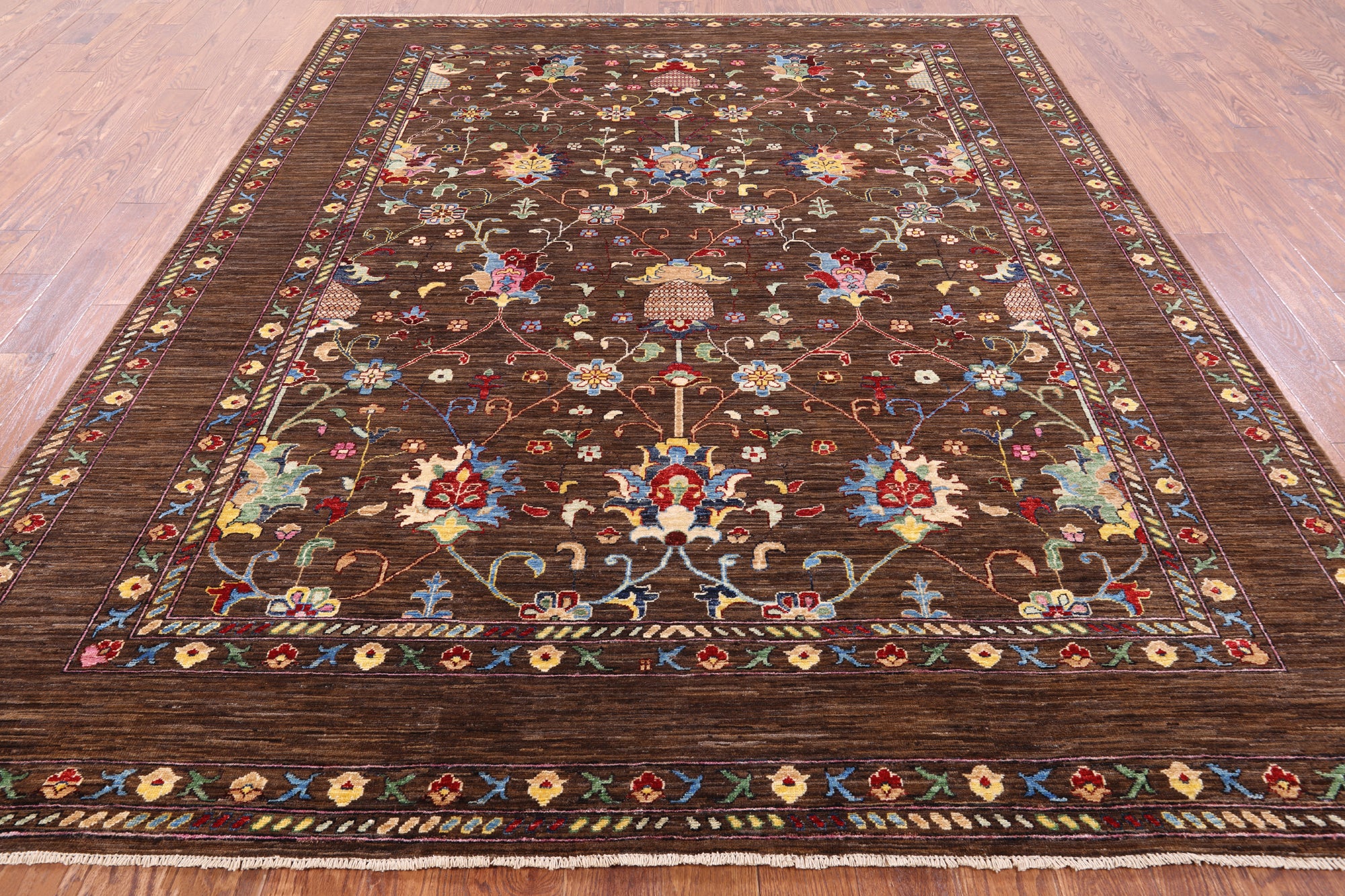 Brown Peshawar Handmade Wool Rug - 8' 1" X 9' 9" - Golden Nile