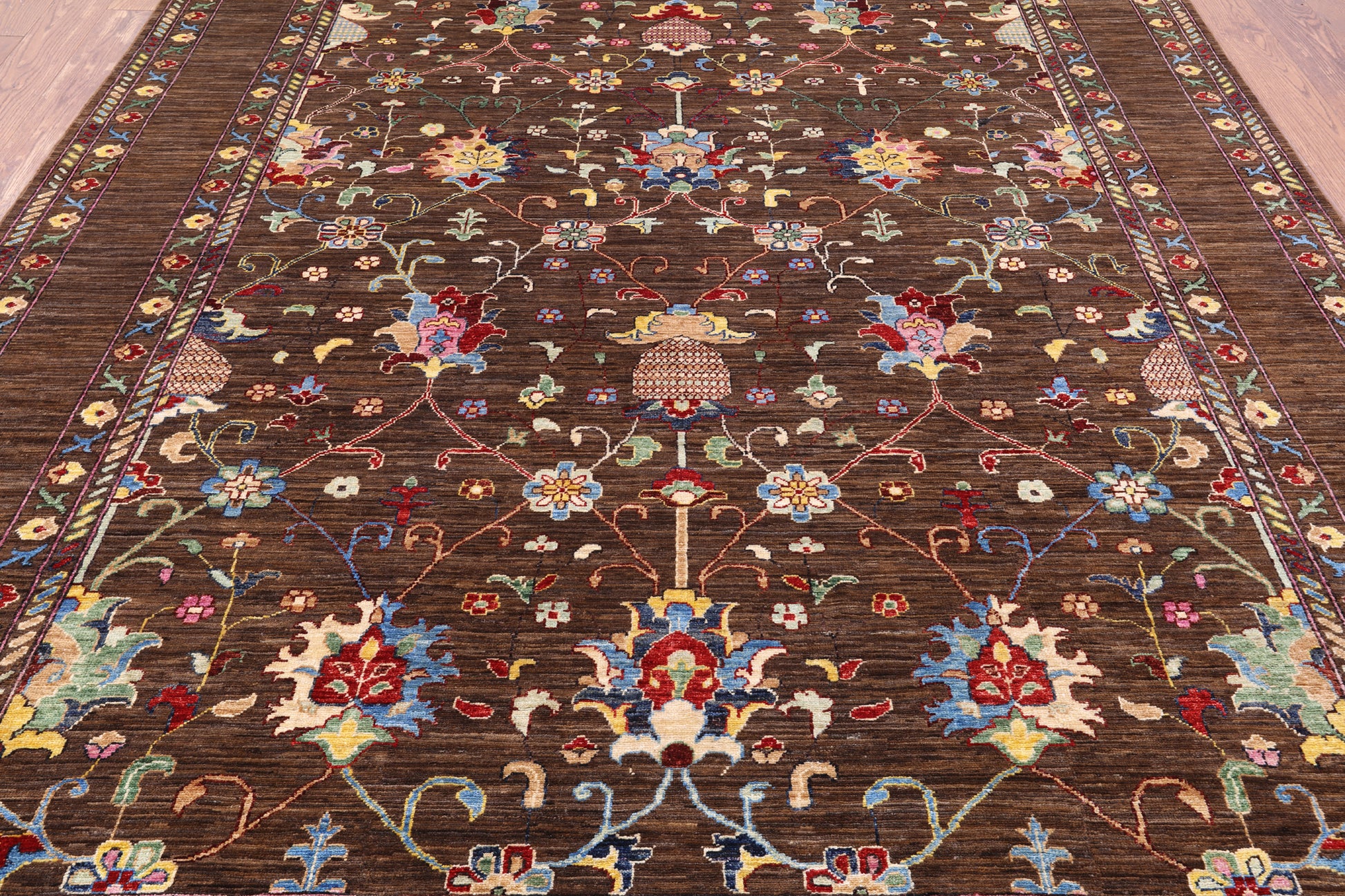 Brown Peshawar Handmade Wool Rug - 8' 1" X 9' 9" - Golden Nile
