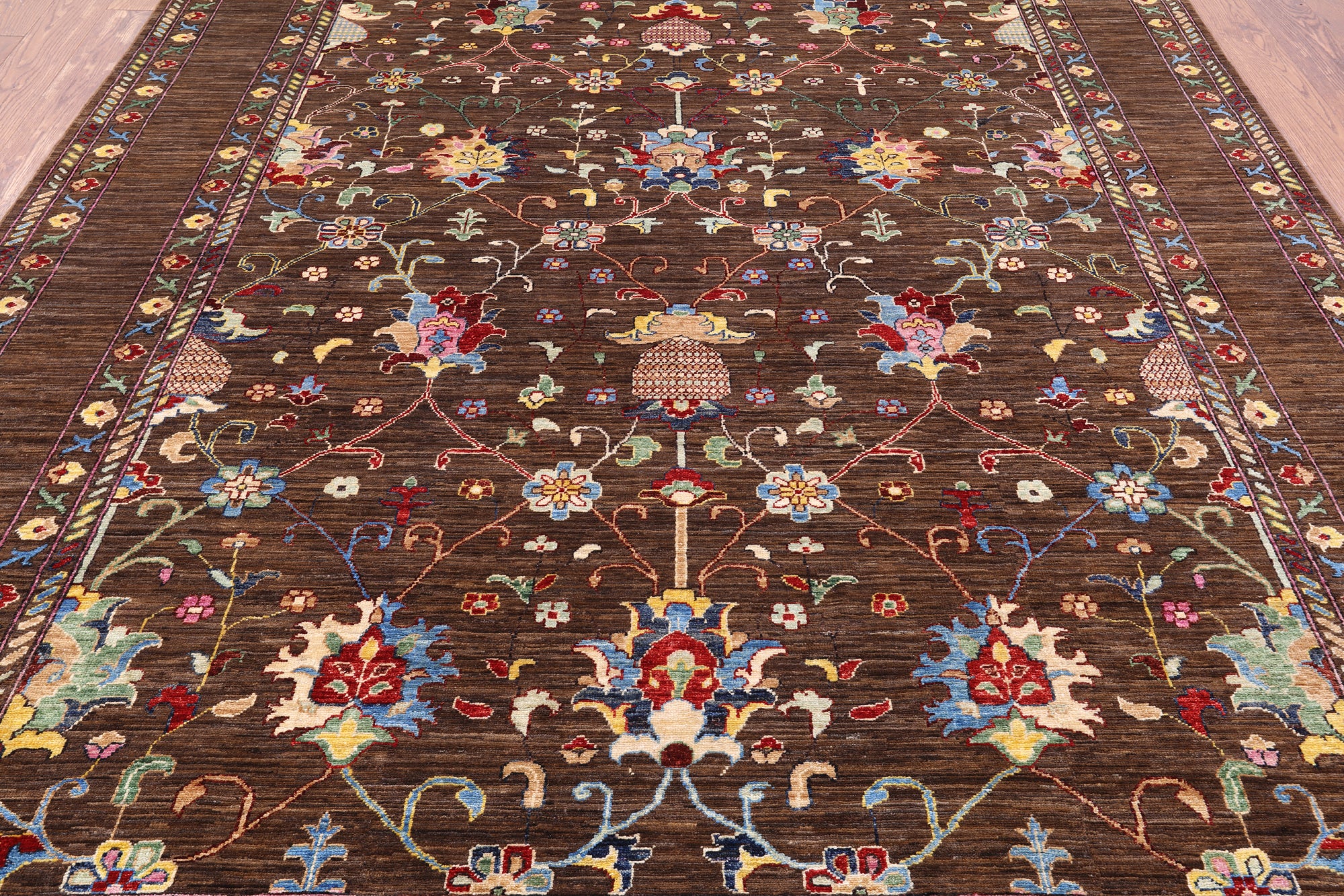 Brown Peshawar Handmade Wool Rug - 8' 1" X 9' 9" - Golden Nile
