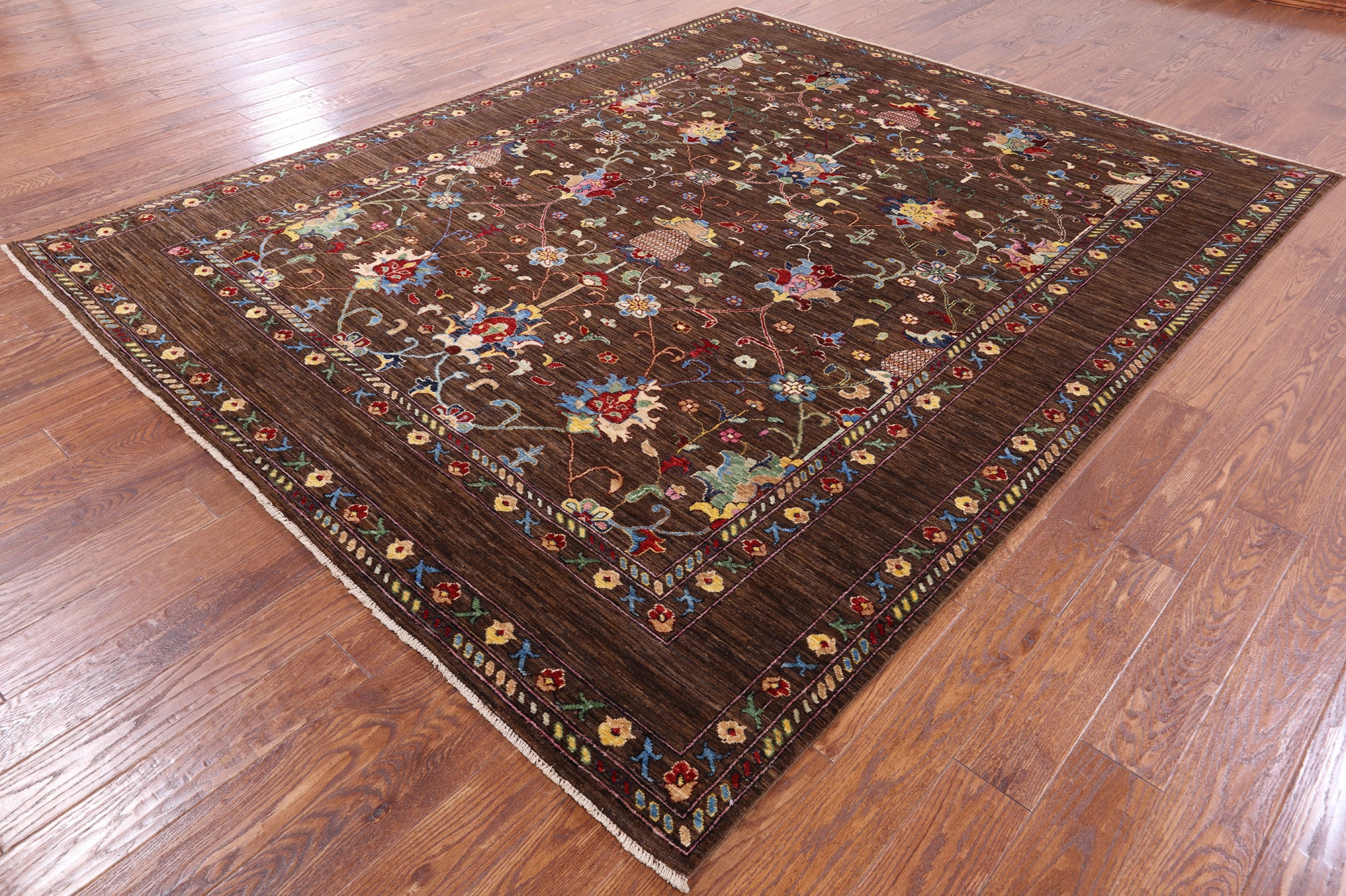 Brown Peshawar Handmade Wool Rug - 8' 1" X 9' 9" - Golden Nile