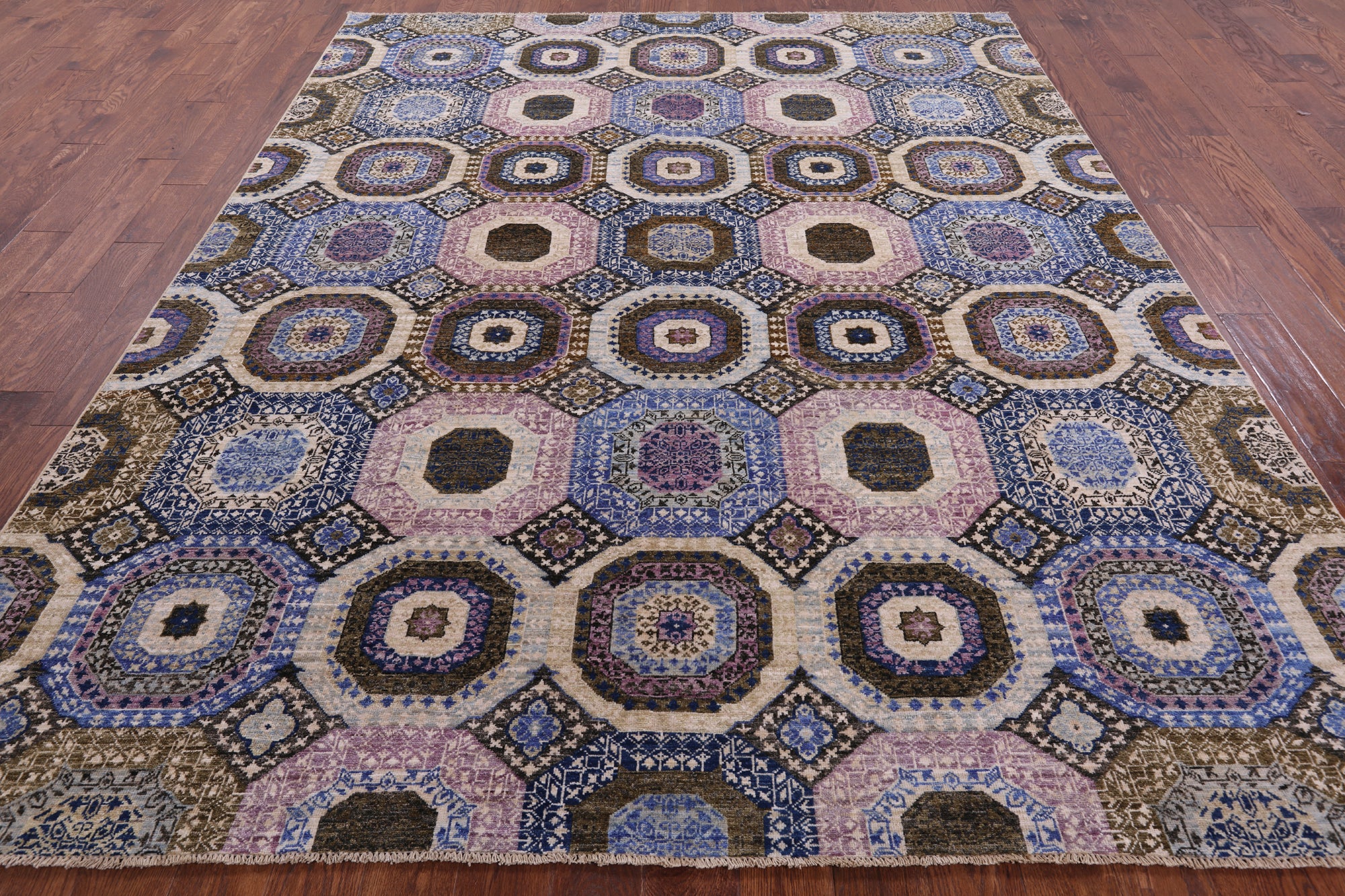 Geometric Persian Mamluk Hand Knotted Wool Rug - 7' 11" X 9' 10" - Golden Nile