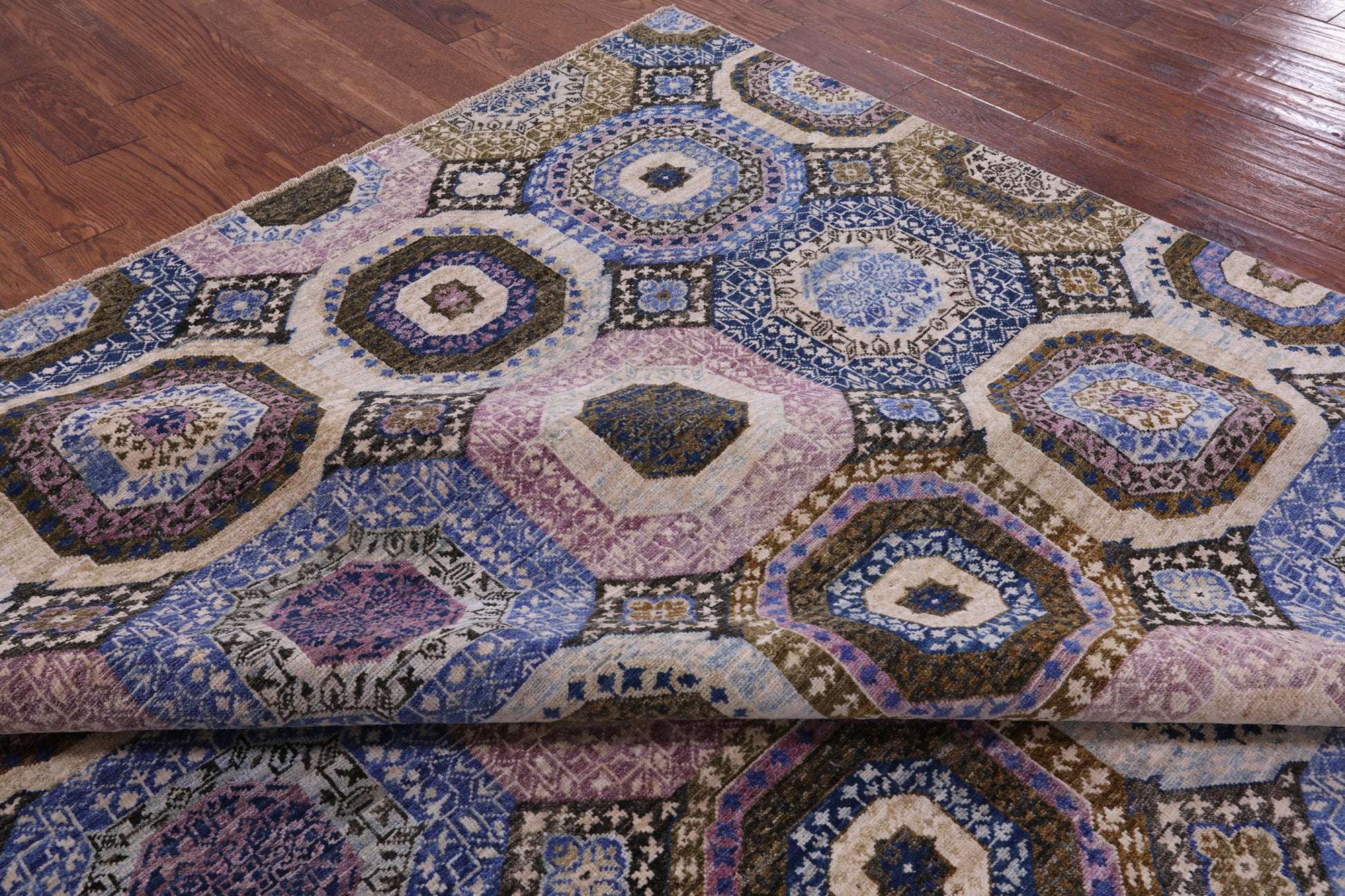 Geometric Persian Mamluk Hand Knotted Wool Rug - 7' 11" X 9' 10" - Golden Nile