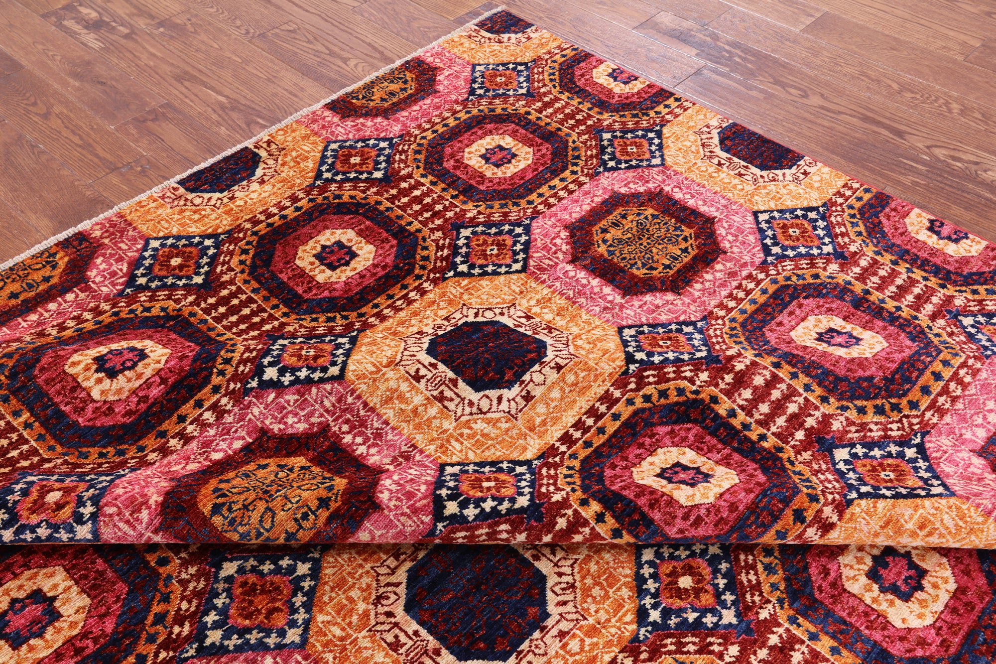 Geometric Persian Mamluk Hand Knotted Wool Rug - 8' 0" X 9' 9" - Golden Nile