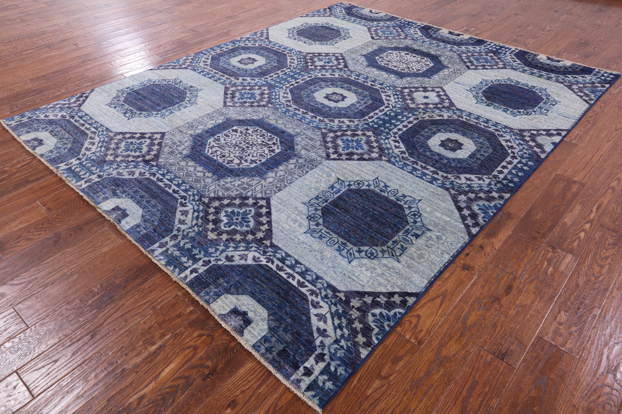 Geometric Persian Mamluk Hand Knotted Wool Rug - 7' 9" X 9' 8" - Golden Nile