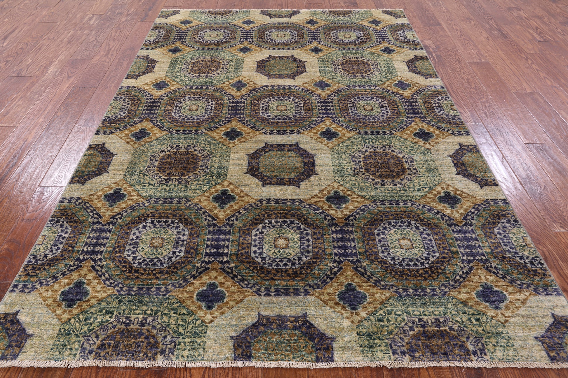 Geometric Persian Mamluk Handmade Wool Rug - 5' 7" X 7' 11" - Golden Nile