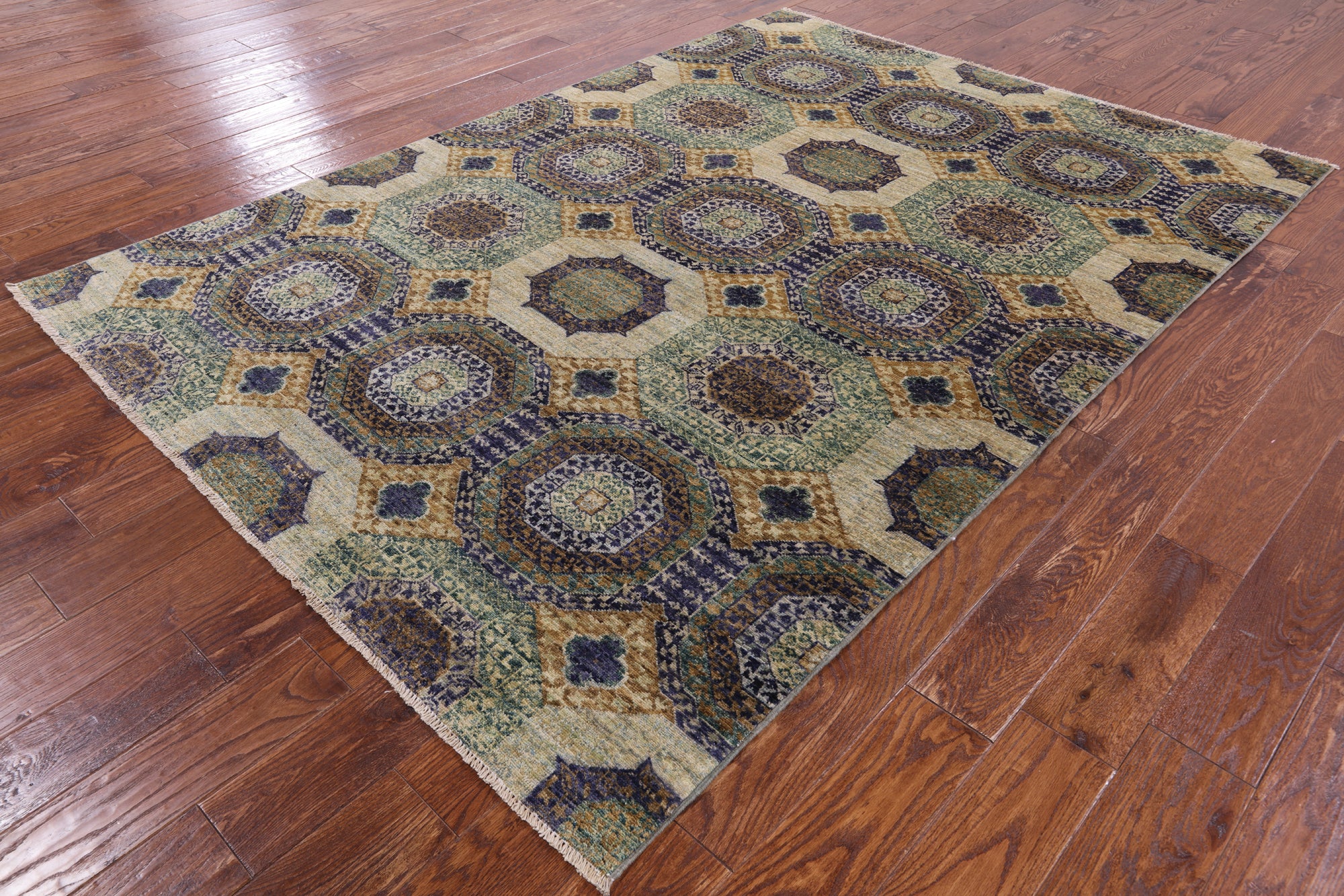 Geometric Persian Mamluk Handmade Wool Rug - 5' 7" X 7' 11" - Golden Nile