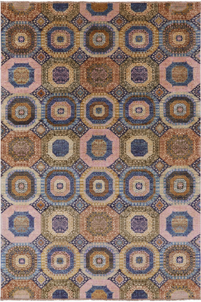Geometric Persian Mamluk Handmade Wool Rug - 6' 7" X 9' 8" - Golden Nile