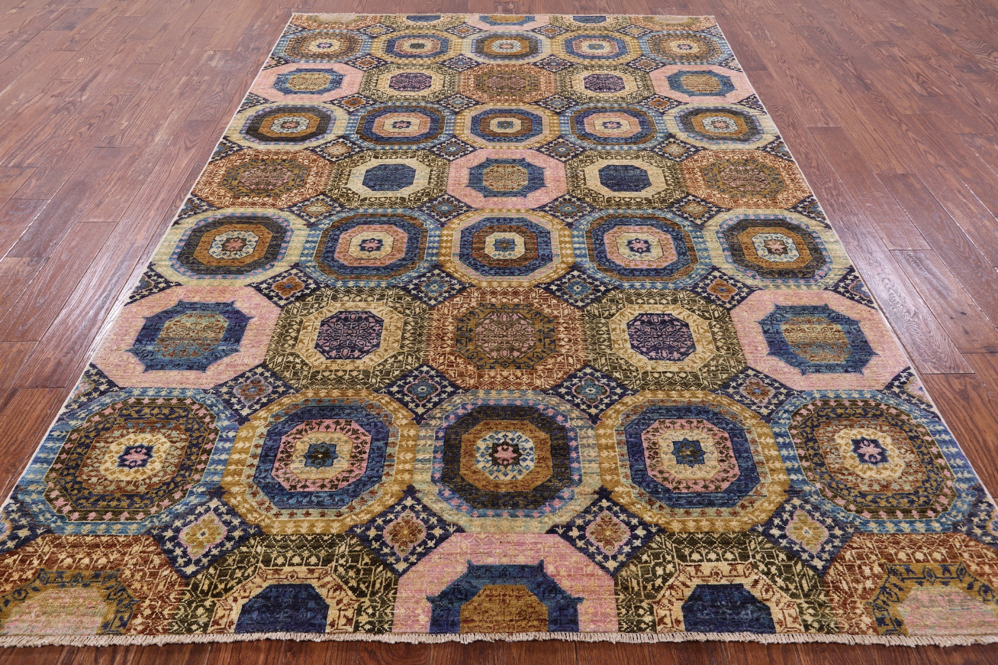 Geometric Persian Mamluk Handmade Wool Rug - 6' 7" X 9' 8" - Golden Nile