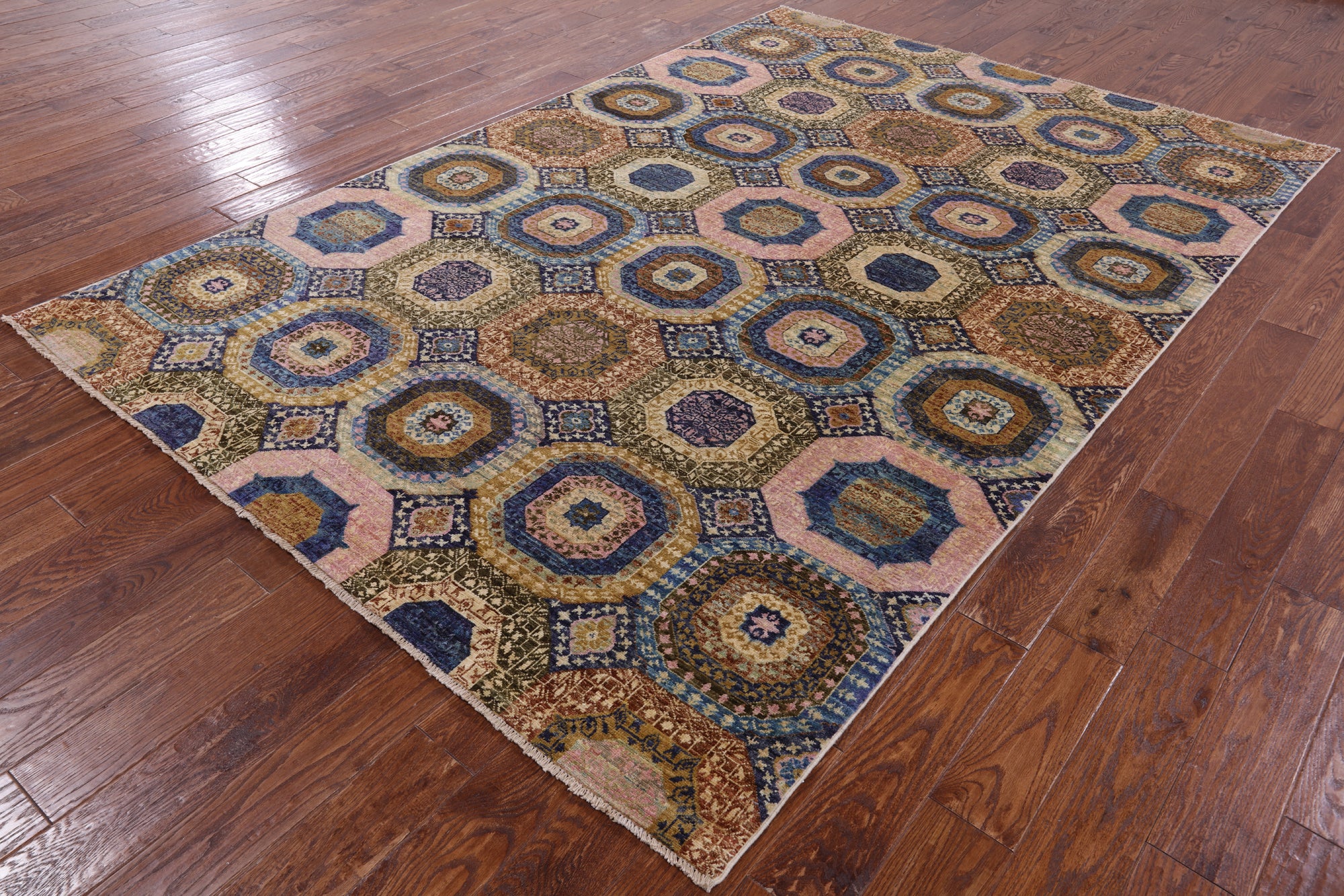 Geometric Persian Mamluk Handmade Wool Rug - 6' 7" X 9' 8" - Golden Nile