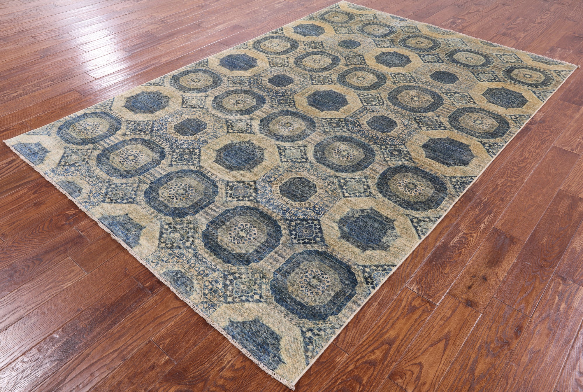 Geometric Persian Mamluk Hand Knotted Wool Rug - 6' 0" X 9' 0" - Golden Nile