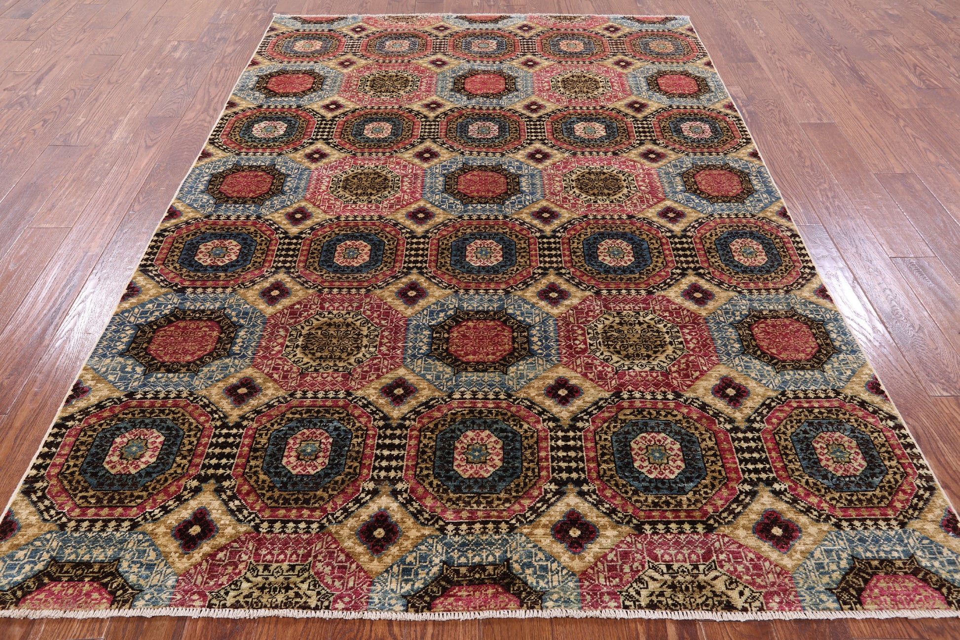 Geometric Persian Mamluk Handmade Wool Rug - 6' 0" X 8' 9" - Golden Nile