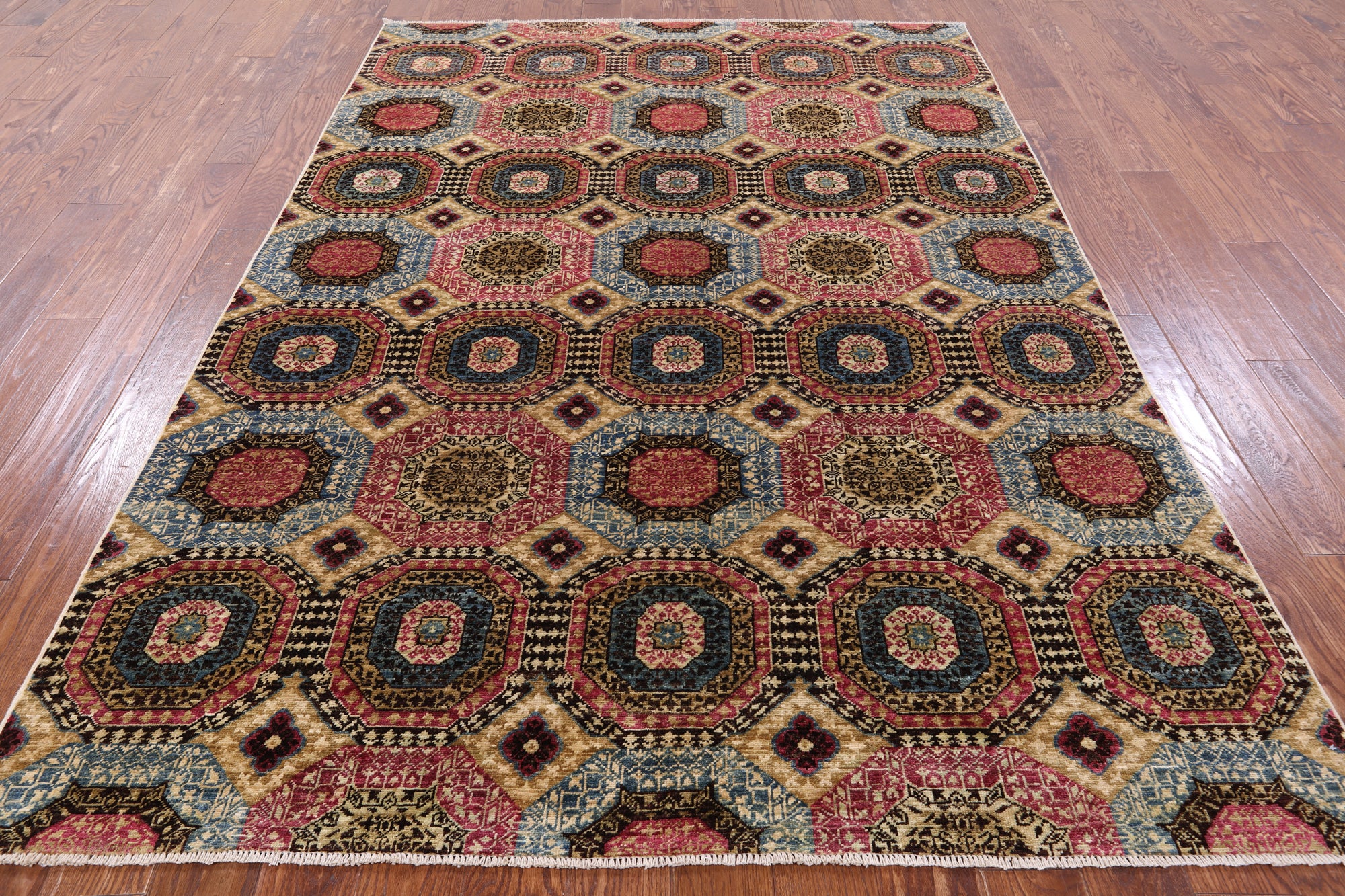 Geometric Persian Mamluk Handmade Wool Rug - 6' 0" X 8' 9" - Golden Nile