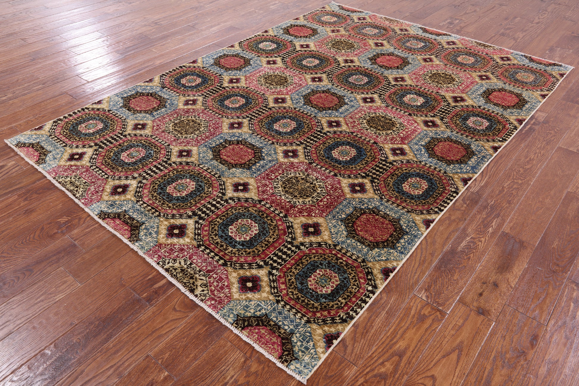 Geometric Persian Mamluk Handmade Wool Rug - 6' 0" X 8' 9" - Golden Nile