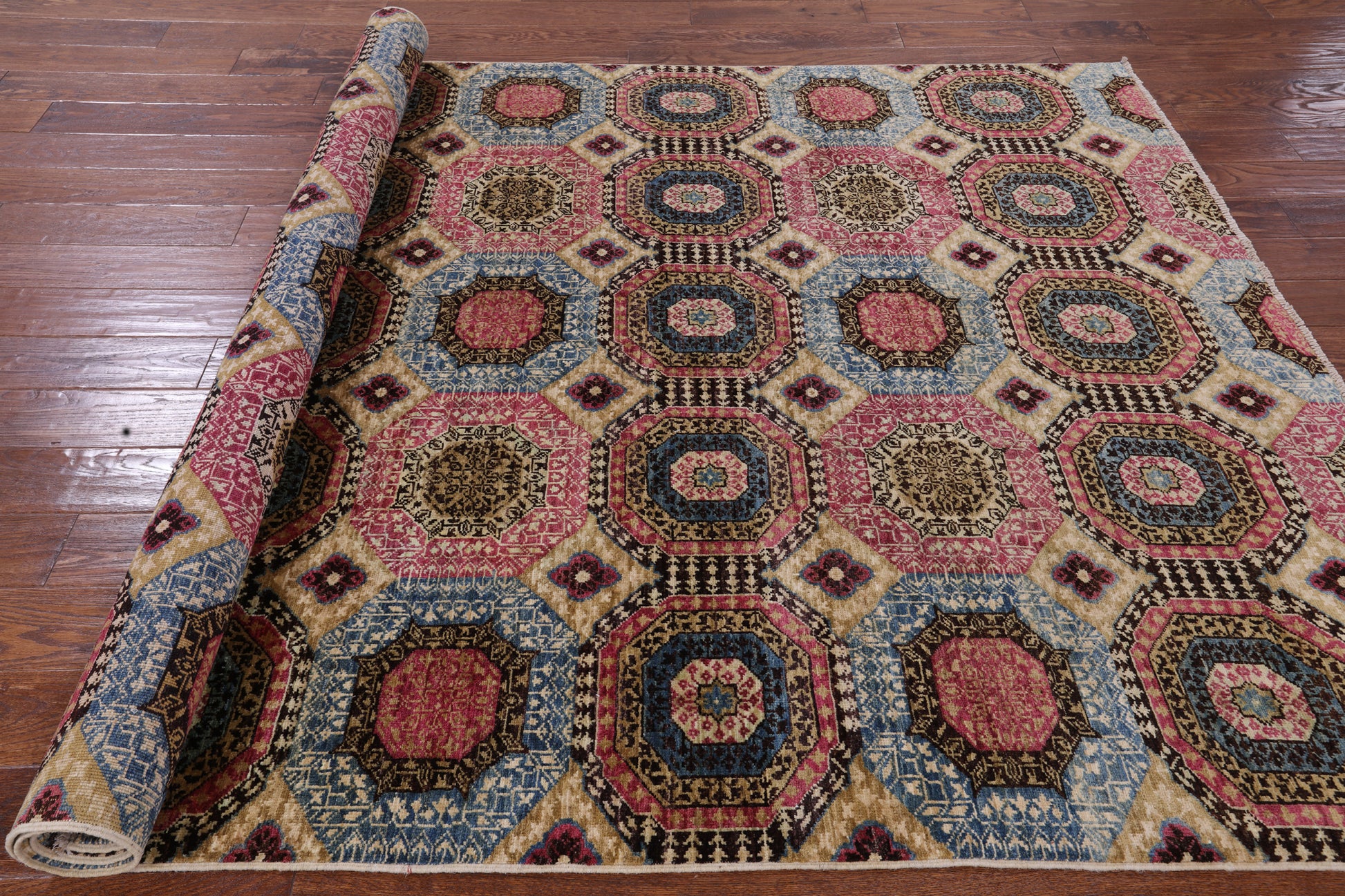 Geometric Persian Mamluk Handmade Wool Rug - 6' 0" X 8' 9" - Golden Nile