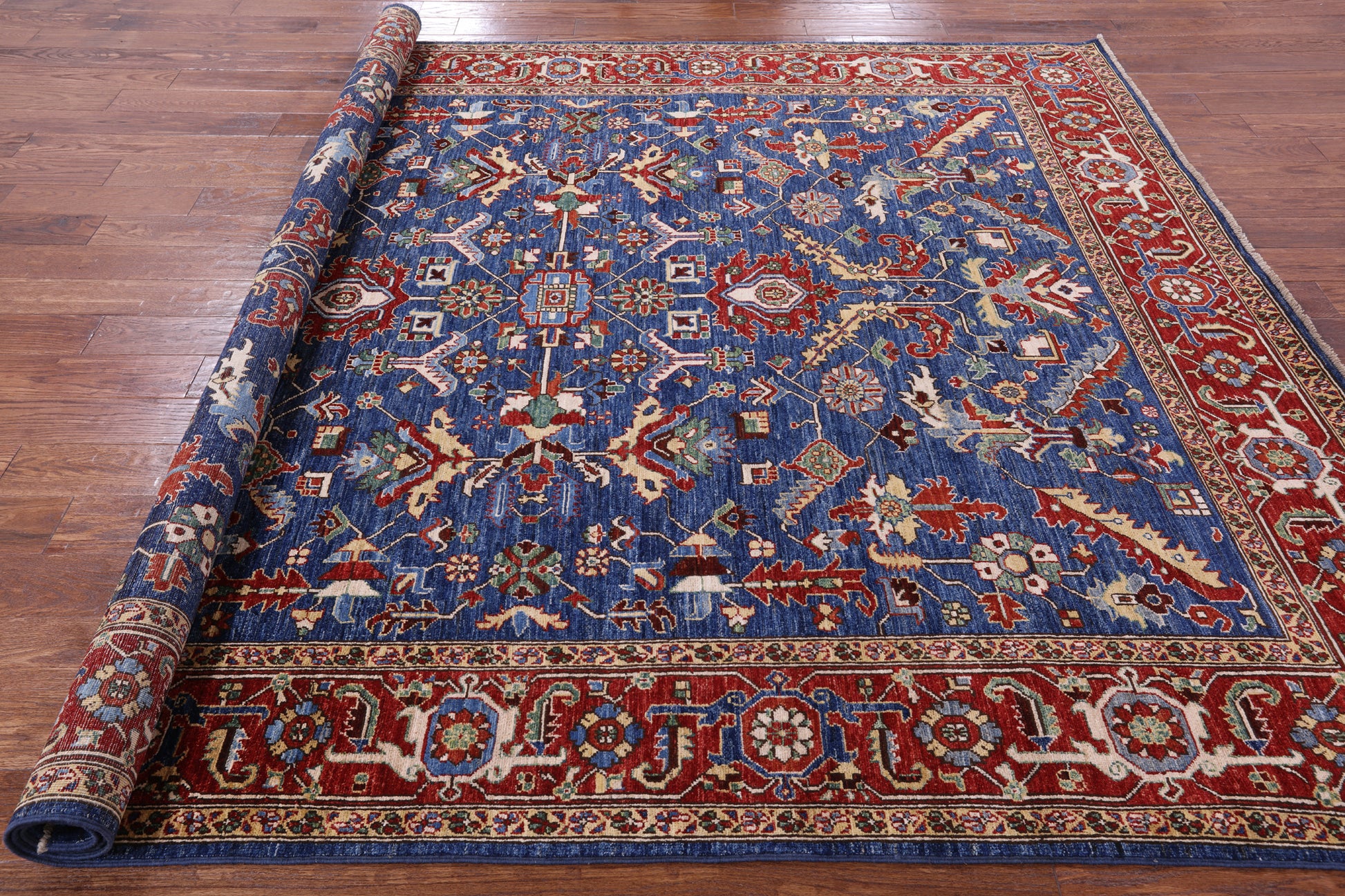 Blue Persian Fine Serapi Hand Knotted Wool Rug - 8' 3" X 9' 10" - Golden Nile